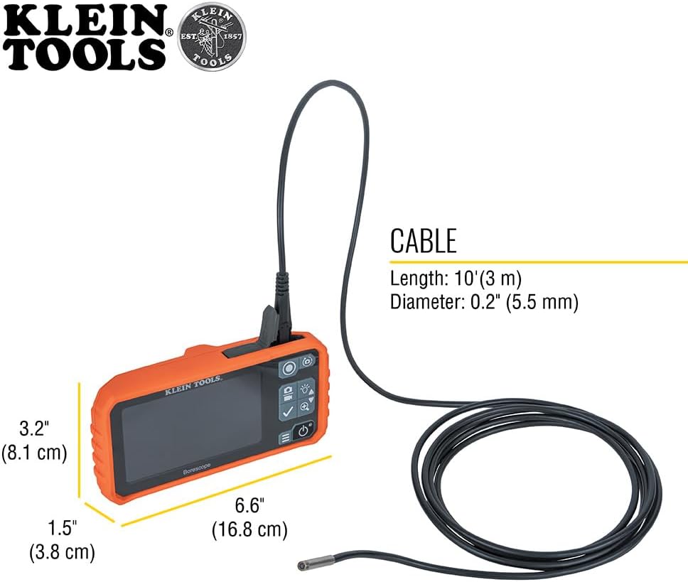 Endoscope utilitaire Klein Tools ET17 doté de flexible résistant à l’eau de 5,5 mm et 3 m, LED, écran LCD 4,3 pouces, accessoires et caméra d'inspection endoscopique