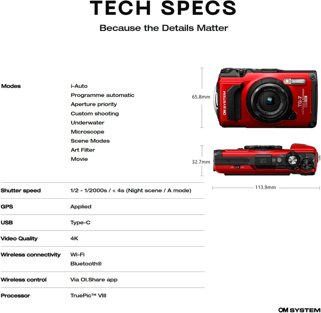 Système OM OLYMPUS Tough TG-7 Caméra sous-marine - Rouge résistant à l’eau et résistante au gel, vidéo 4K haute résolution et lumineuse, zoom macro 44x (Successeur de l'Olympus TG-6)