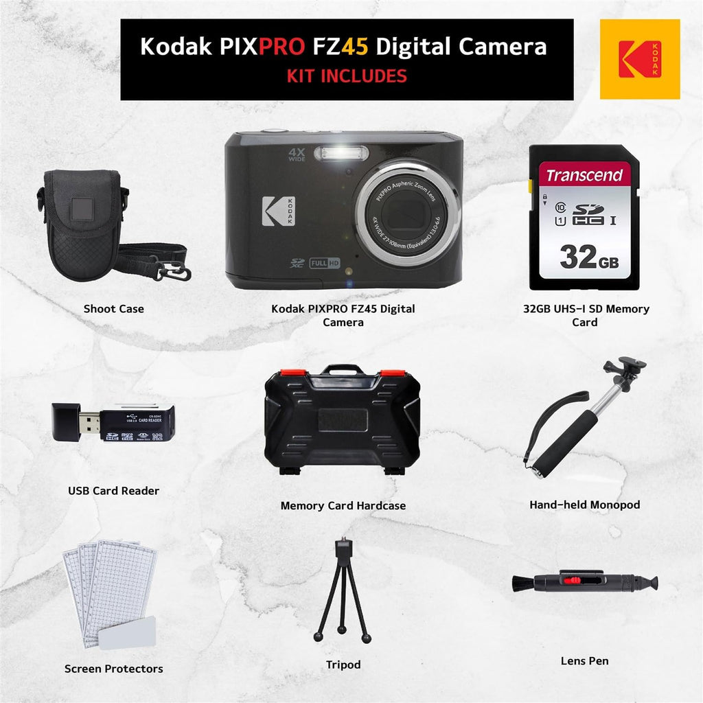 Kodak PIXPRO FZ45 Appareil photo numérique, carte mémoire 32 Go, étui, monopode extensible, stylo de nettoyage d'objectif, protections d'écran LCD, trépied de table – Pack ultime (– Noir)