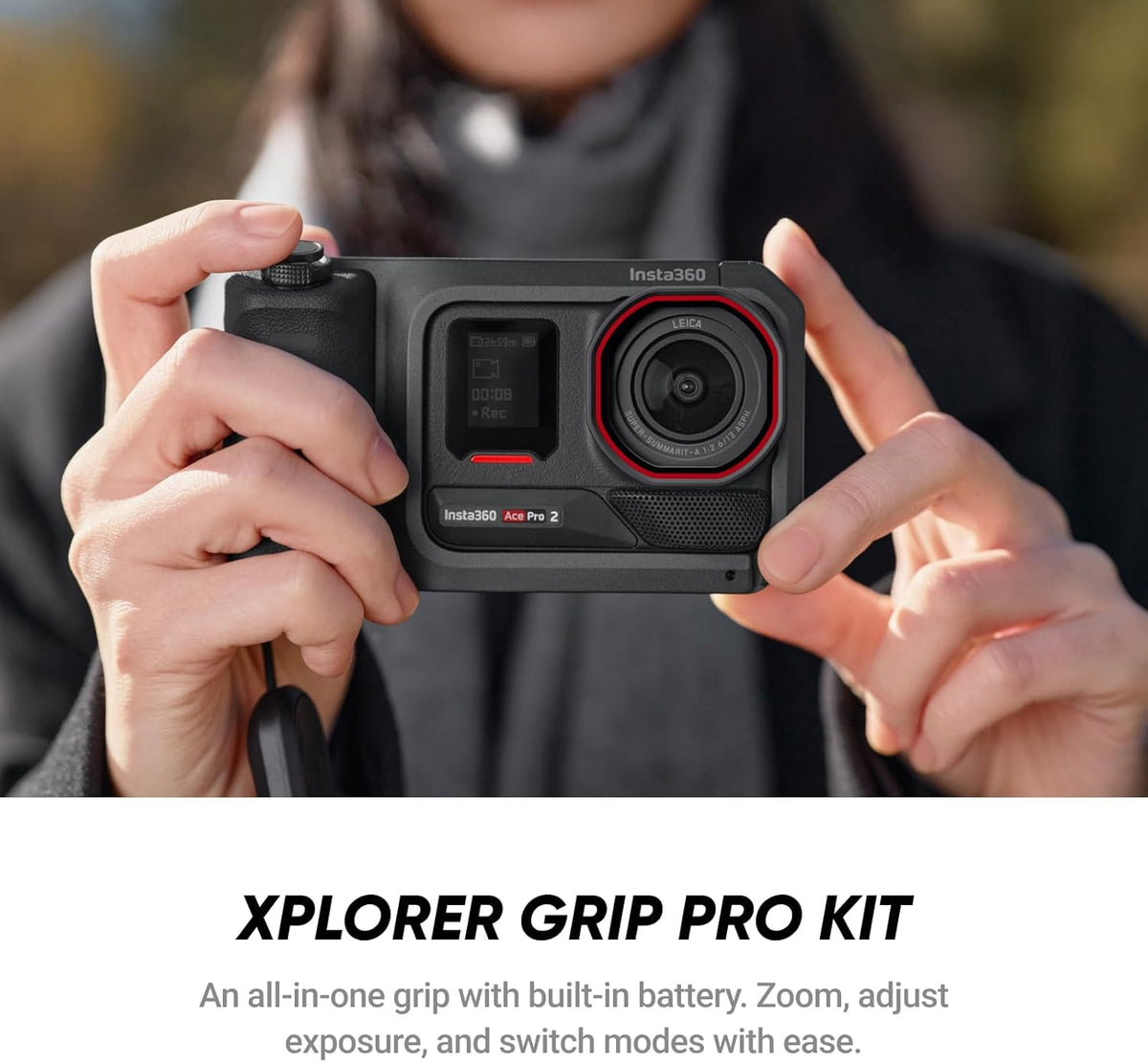 Kit Insta360 Ace Pro 2 Flash Print - Caméra sportive résistant à l’eau 8K conçue en collaboration avec Leica, capteur 1/1,3", double puce IA, performances exceptionnelles en basse lumière, kit Xplorer Grip Pro pour la photographie de rue