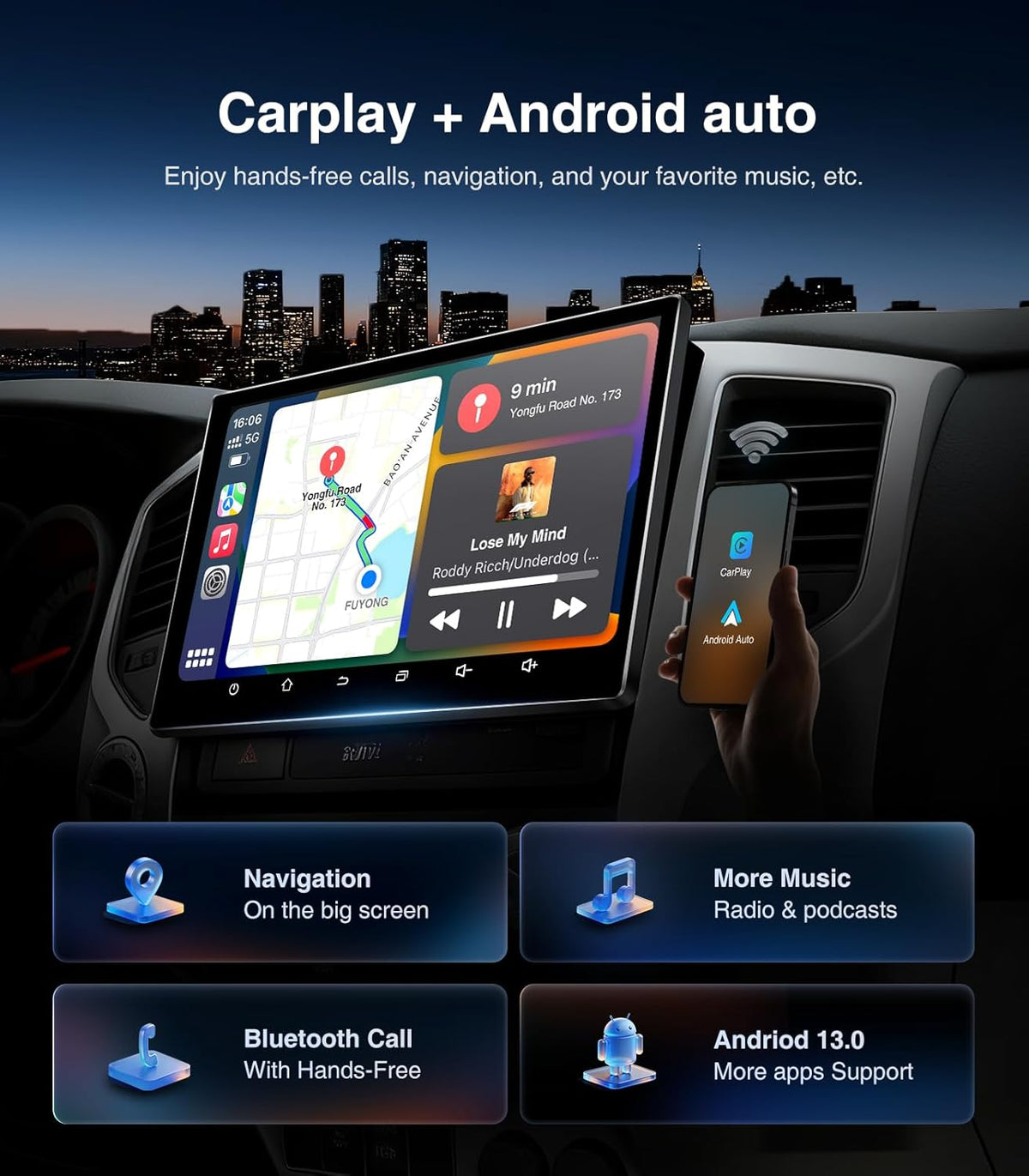 Autoradio 11,5 pouces pour Toyota Tacoma 2005-2015, compatible CarPlay, écran tactile HD 4+64 Go, CarPlay/Android Auto/Android 13/GPS, caméra de recul 1080p – Présentation