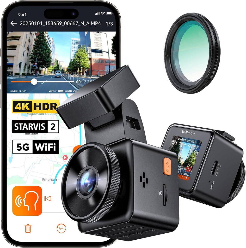 Caméra embarquée Vantrue E1 Pro 4K Mini avec vision nocturne HDR PlatePix, WiFi 5G intégré, GPS, écran IPS 1,54'', commande vocale, enregistrement en continu 24h/24 et 7j/7, mode parking, prise en charge jusqu'à 1 To de mémoire – Présentation