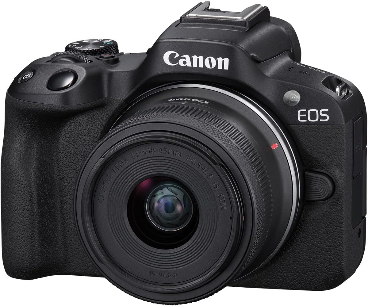 Appareil photo hybride Canon EOS R50, kit objectif RF-S 18-45 mm F4.5-6.3 IS STM, capteur CMOS 24,2 mégapixels (APS-C), vidéo 4K, monture RF, - Noir. Idéal pour la photo, la vidéo et le vlogging.
