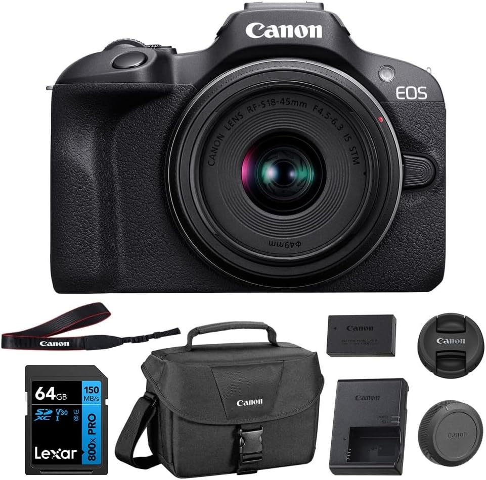 Appareil photo hybride Canon EOS R100 doté de objectif RF-S 18-45 mm F4.5-6.3 IS STM, capteur CMOS 24,1 mégapixels (APS-C), vidéo 4K, monture RF | Noir | Livré doté de carte de stockage 64 Go et sacoche (3 articles)