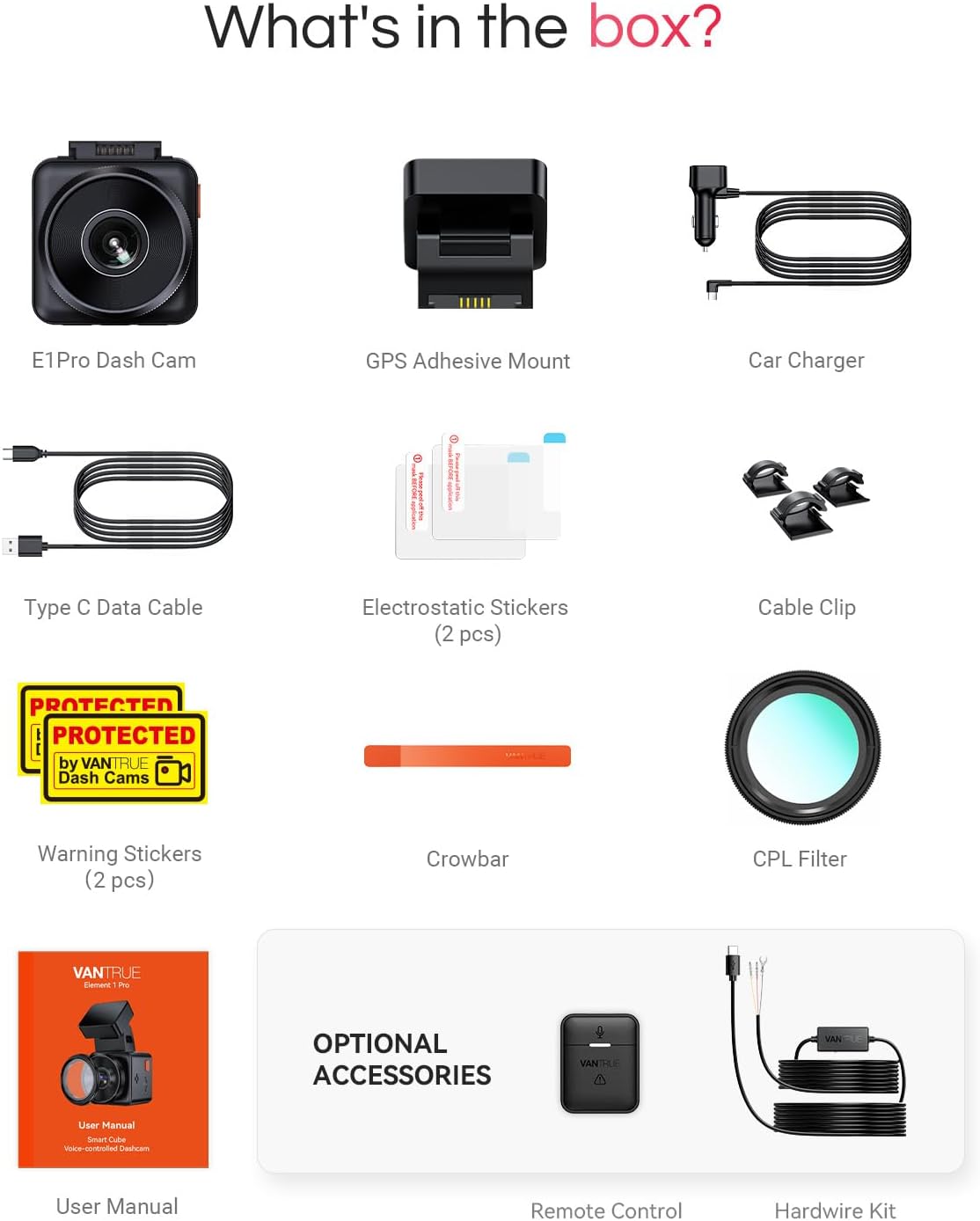 Caméra embarquée Vantrue E1 Pro 4K Mini avec vision nocturne HDR PlatePix, WiFi 5G intégré, GPS, écran IPS 1,54'', commande vocale, enregistrement en continu 24h/24 et 7j/7, mode parking, prise en charge jusqu'à 1 To de mémoire – Présentation
