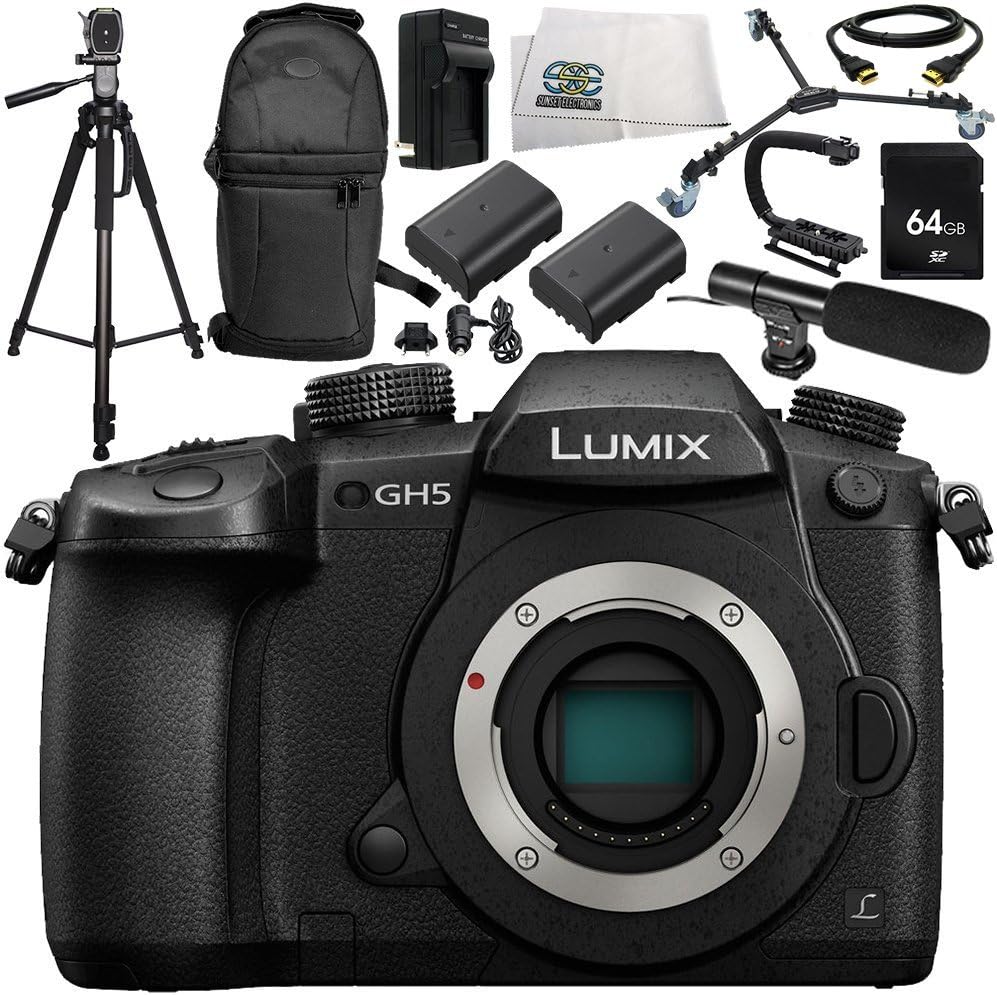 Appareil photo digital hybride Panasonic Lumix DC-GH5 Micro 4/3 : kit de 13 accessoires – incluant une carte de stockage SD de 64 Go et plus – Version internationale (sans garantie)