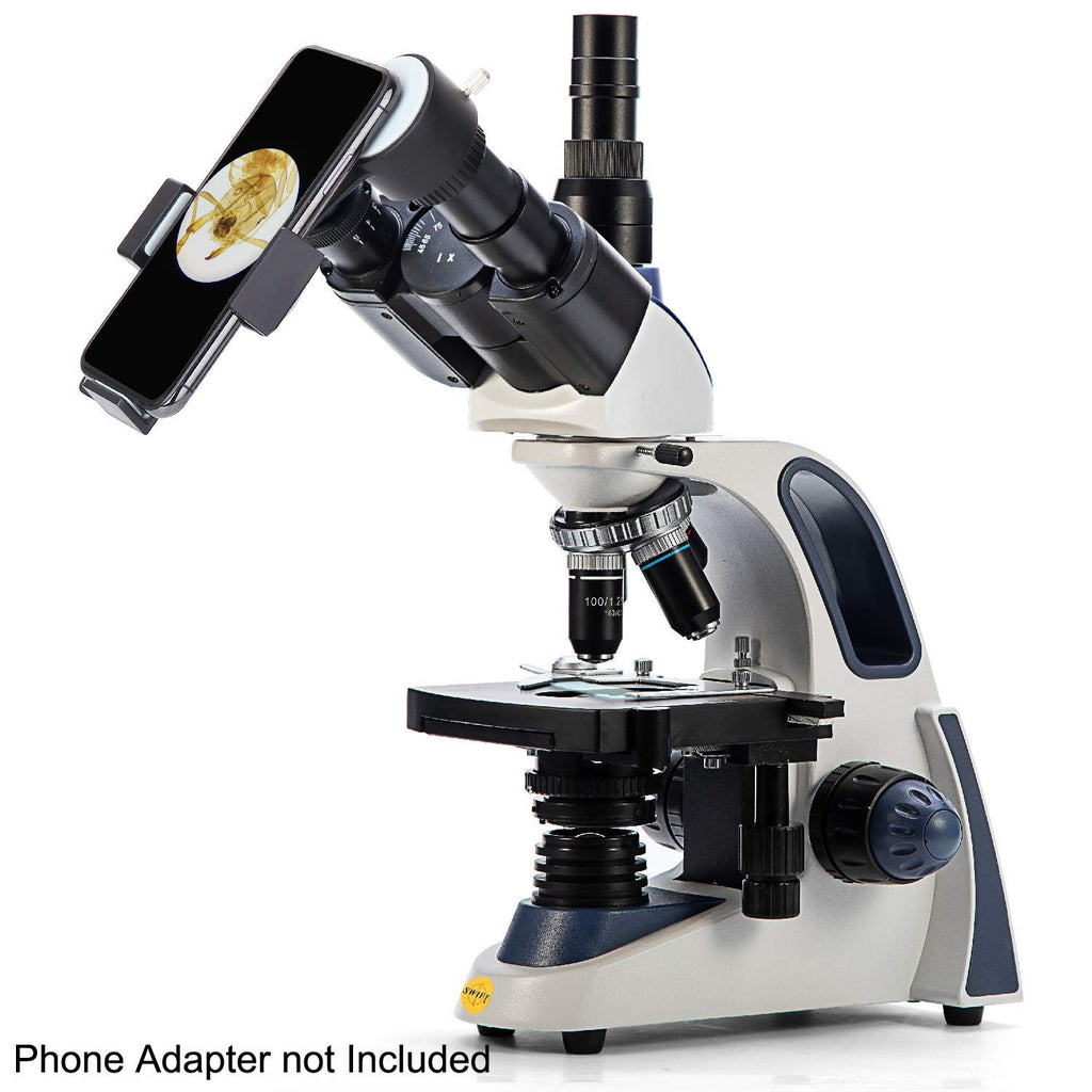 Microscope de laboratoire trinoculaire de laboratoire composé Swift SW380T, grossissement 40X-2500X, tête Siedentopf, qualité recherche, doté de oculaires grand champ 10X/25X, platine mécanique, mise au point ultra-précise