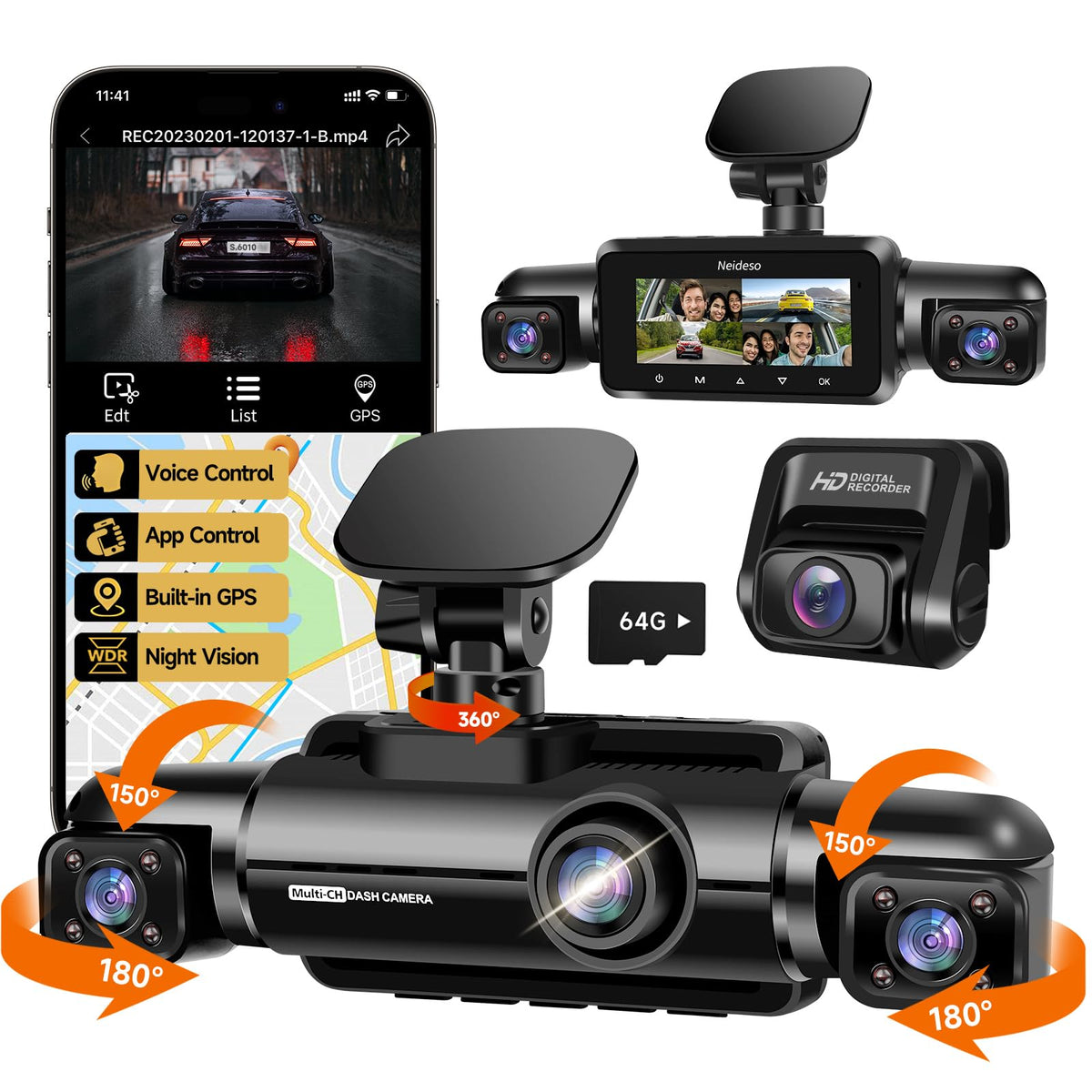 NEIDESO 360° Dash Cam FHD Caméra de voiture 4 canaux avec GPS – Présentation