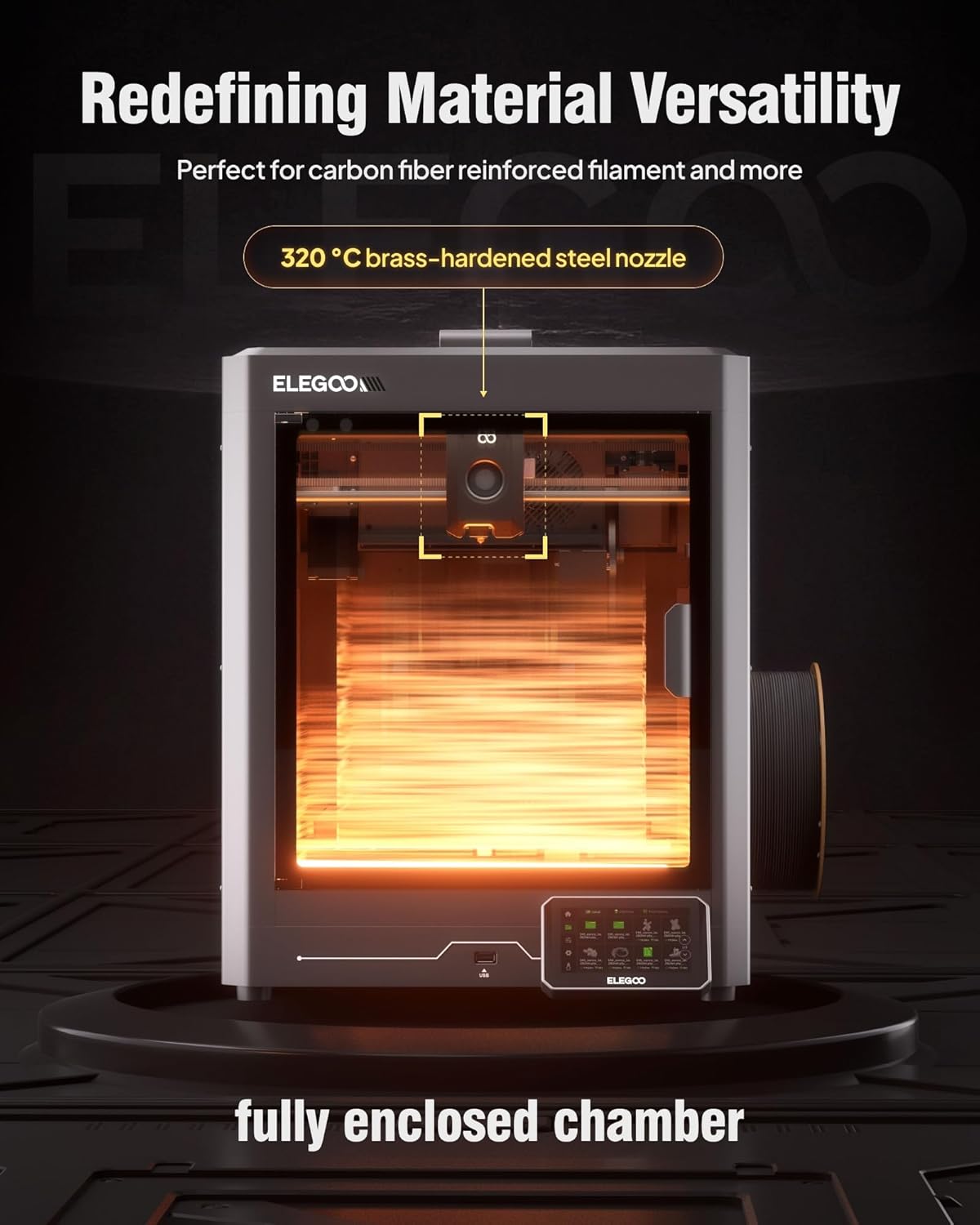 Imprimante 3D ELEGOO Centauri Carbon, impression haute vitesse CoreXY 500 mm/s avec auto-calibration, buse 320 °C et caméra intégrée, prête à imprimer dès la sortie de la boîte, volume d'impression 256 x 256 x 256 mm – Présentation