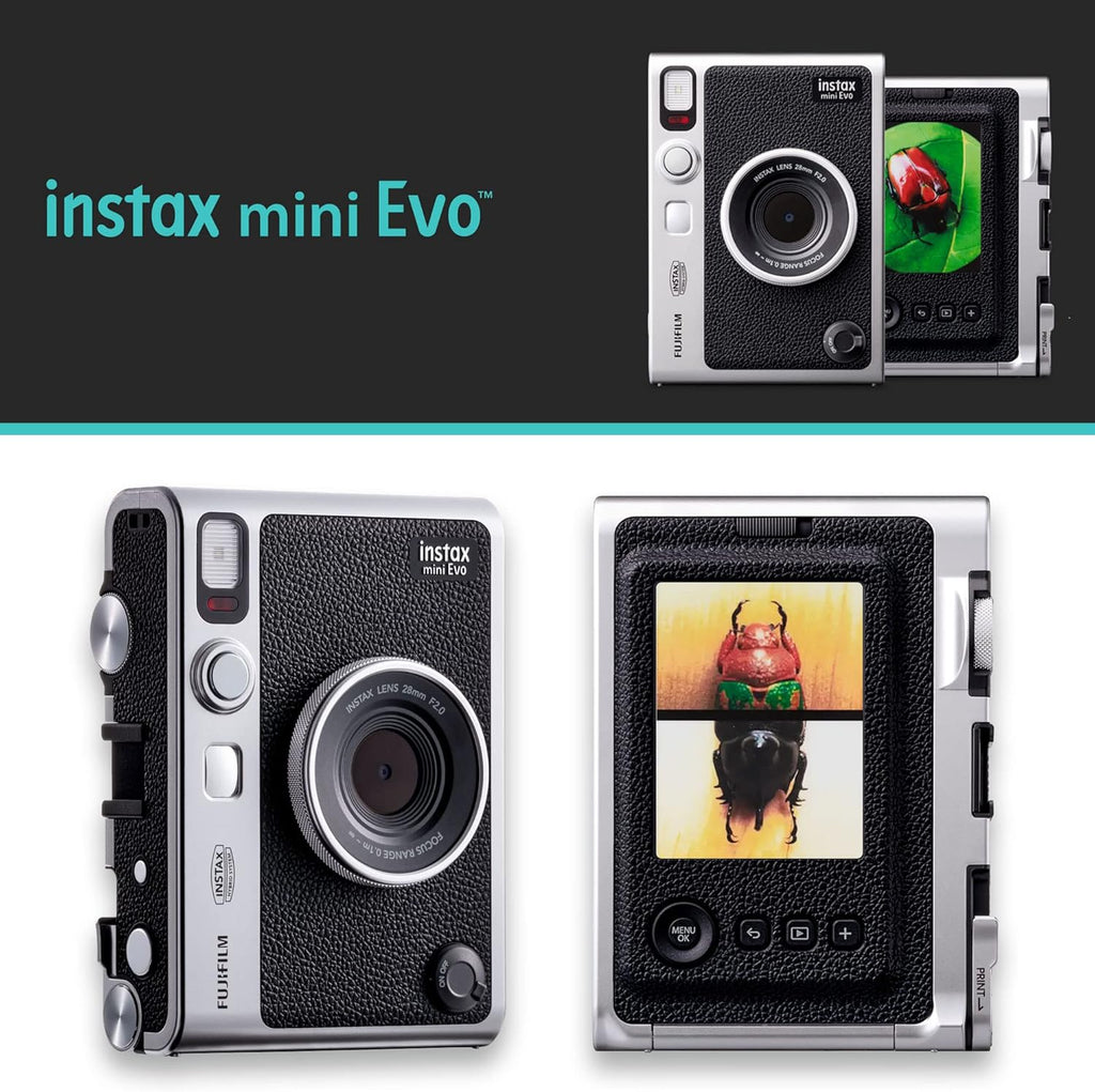 Appareil photo instantané Fujifilm Instax Mini EVO Hybrid - Noir | Pack de 2 films instantanés Instax Mini | Carte microSD 32 Go doté de adaptateur | Étui - Noir pour appareil photo
