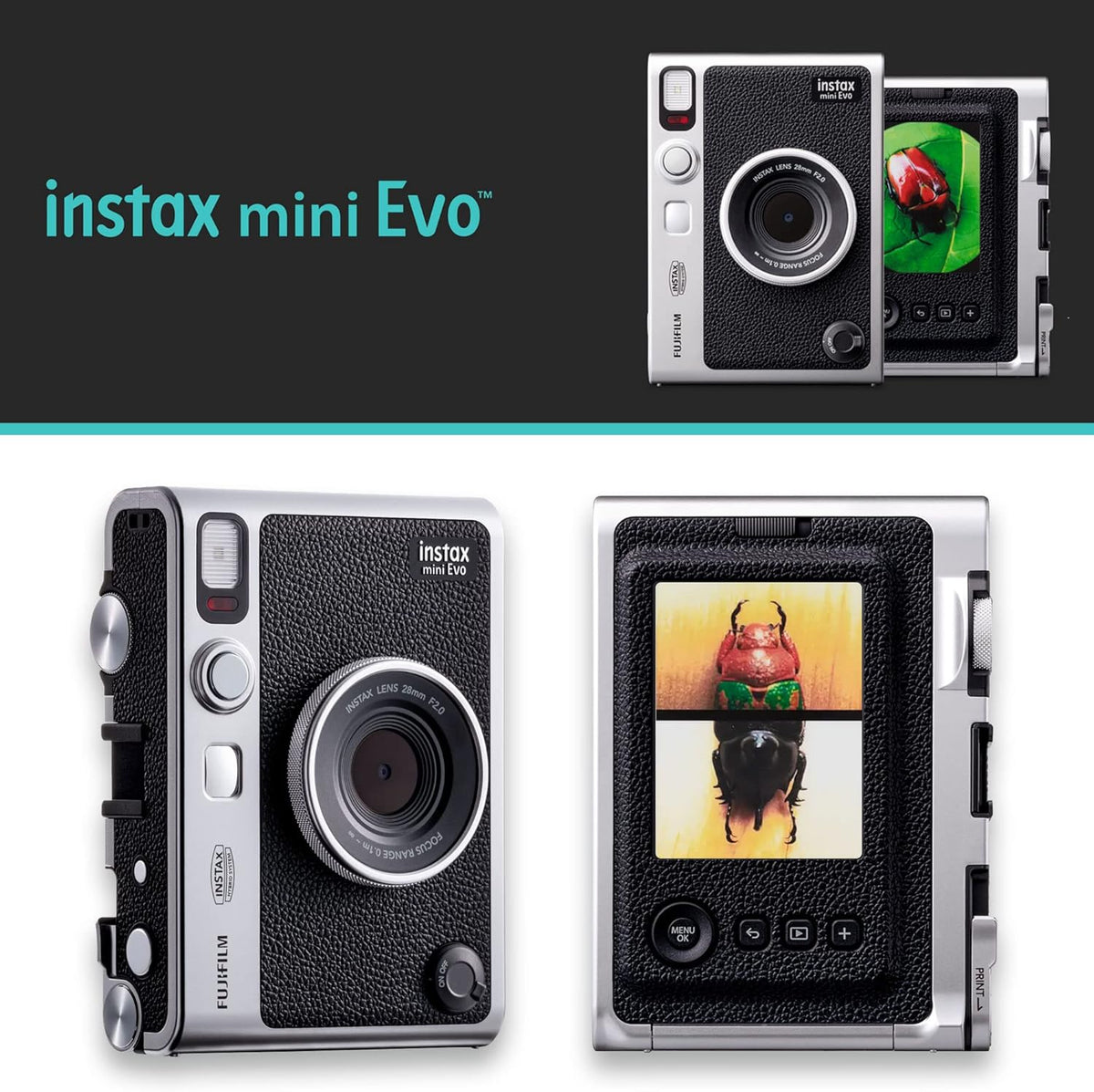Appareil photo instantané Fujifilm Instax Mini EVO Hybrid - Noir | Pack de 2 films instantanés Instax Mini | Carte microSD 32 Go doté de adaptateur | Étui - Noir pour appareil photo