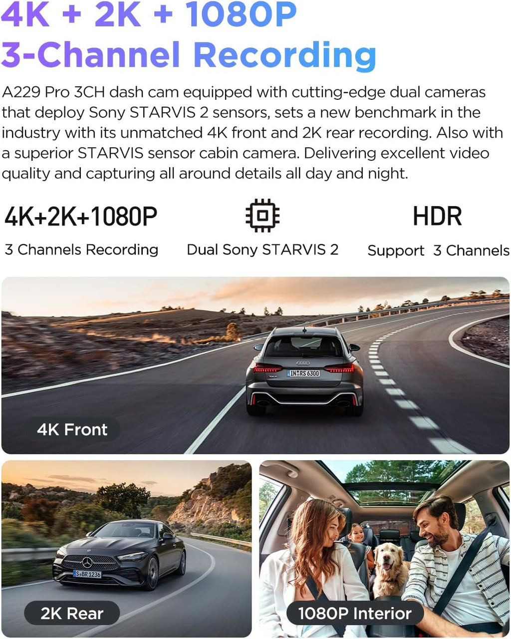 Caméra embarquée VIOFO A229 Pro 3 canaux 4K HDR doté de double capteur STARVIS 2 IMX678 et IMX675, triple caméra avant, intérieure et arrière (4K + 2K + 1080p), Wi-Fi 5 GHz, GPS, commande vocale et mode parking 24h.