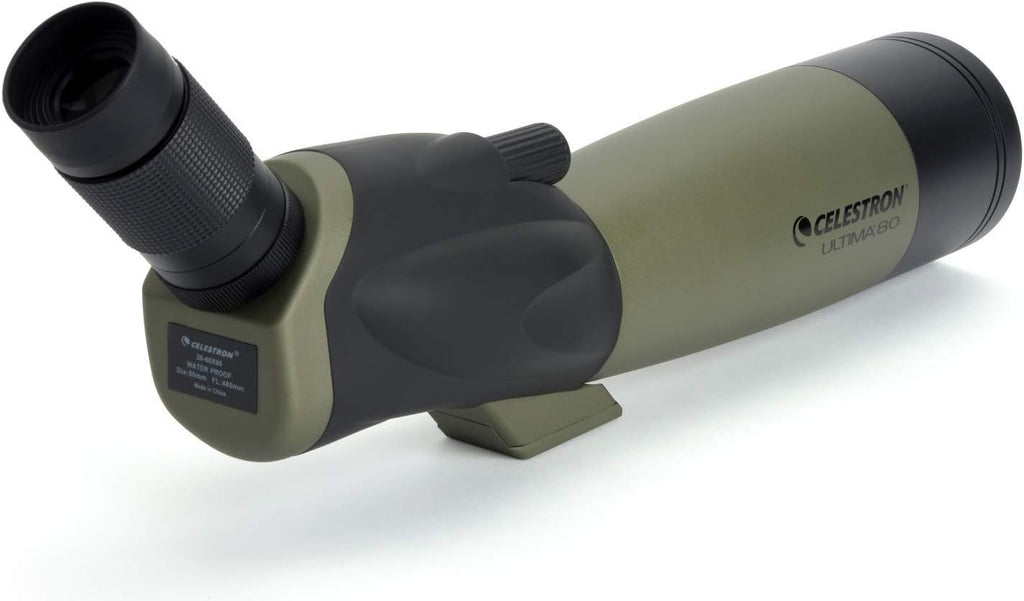 Télescope réfracteur coudé Celestron 52250 Ultima 20-60x80 mm doté de optiques multicouches, tube en caoutchouc résistant à l’eau et étui de transport souple vert