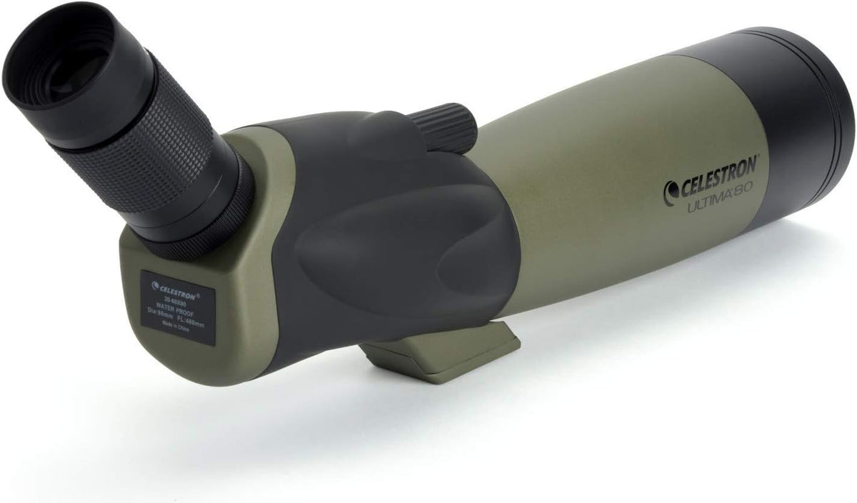Télescope réfracteur coudé Celestron 52250 Ultima 20-60x80 mm doté de optiques multicouches, tube en caoutchouc résistant à l’eau et étui de transport souple vert