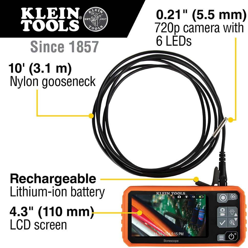 Endoscope utilitaire Klein Tools ET17 doté de flexible résistant à l’eau de 5,5 mm et 3 m, LED, écran LCD 4,3 pouces, accessoires et caméra d'inspection endoscopique