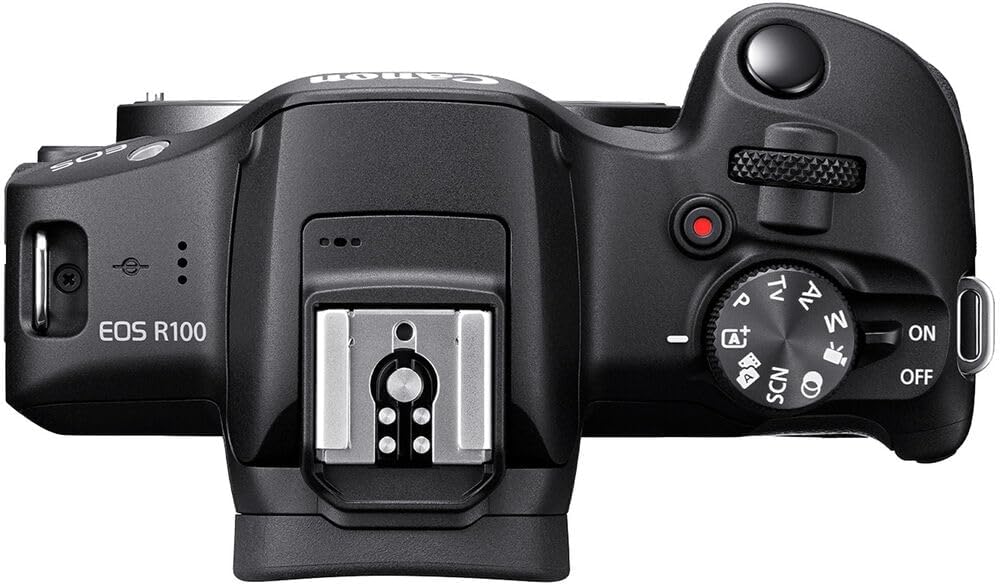 Appareil photo hybride Canon EOS R100 doté de objectif RF-S 18-45 mm f/4.5-6.3 IS STM | Capteur CMOS APS-C 24,1 Mpx | Autofocus Dual Pixel | Vidéo Full HD | Appareil photo compact à monture RF idéal pour débutants, doté de sac et carte mémoire 64 Go