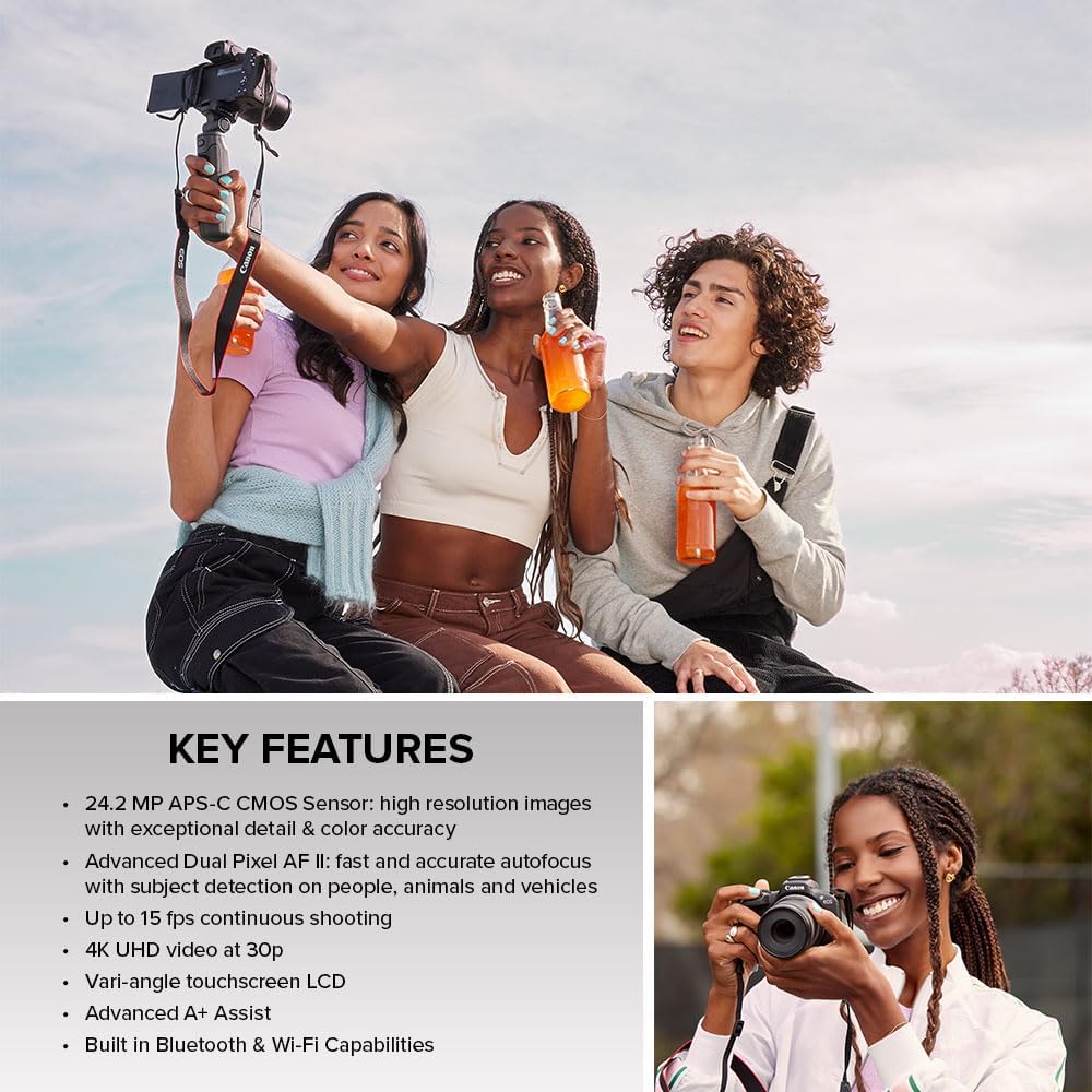 Appareil photo hybride Canon EOS R50, kit objectif RF-S 18-45 mm F4.5-6.3 IS STM, capteur CMOS 24,2 mégapixels (APS-C), vidéo 4K, monture RF, - Noir. Idéal pour la photo, la vidéo et le vlogging.