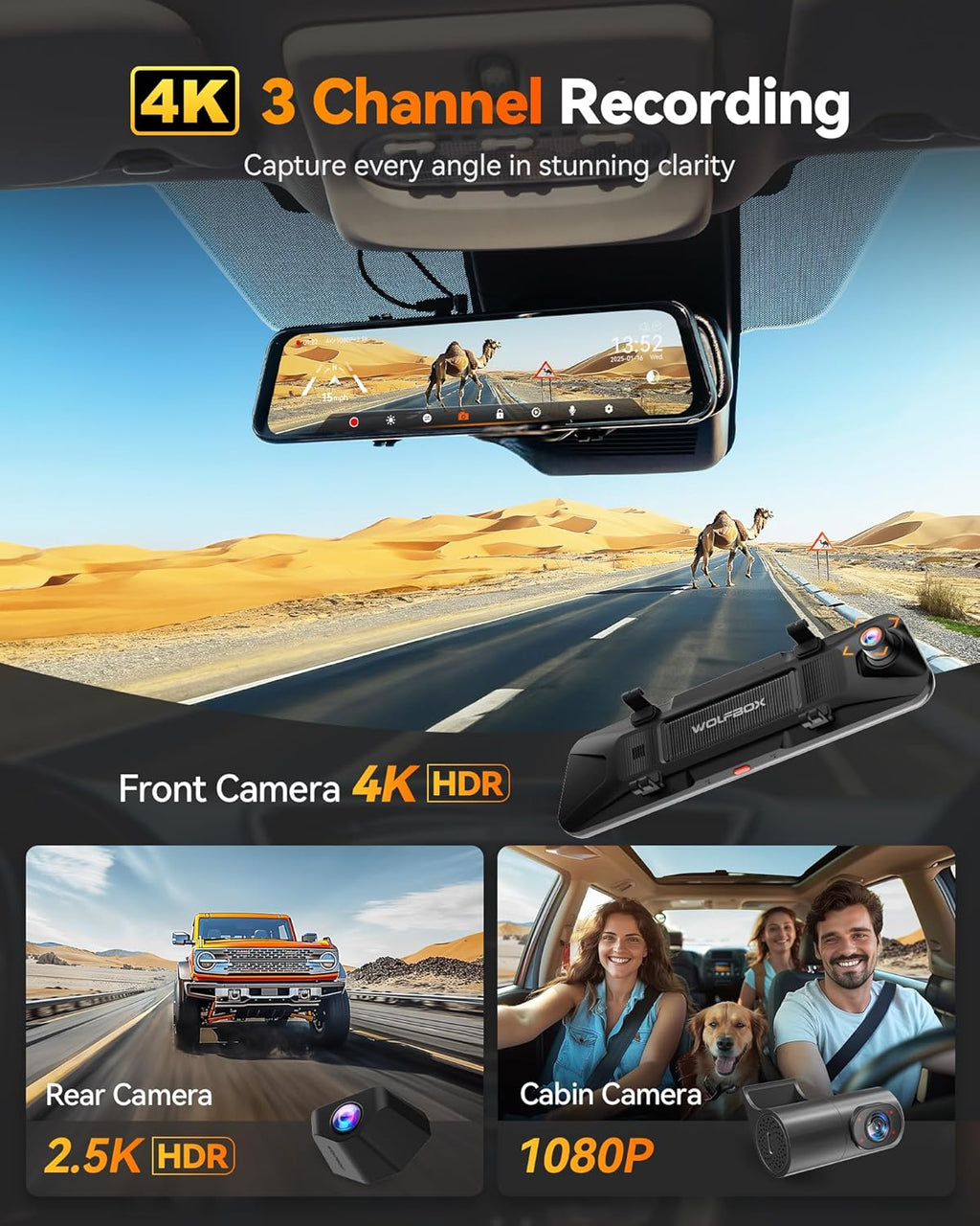 WOLFBOX G900 Tripro Cabine Version Caméra de rétroviseur 4K 3 canaux, capteur STARVIS IMX678 8MP, vision nocturne 4K+1080P+2,5K, caméra embarquée avant et arrière, Wi-Fi 5,8 GHz, commande vocale, carte de stockage 256 Go incluse