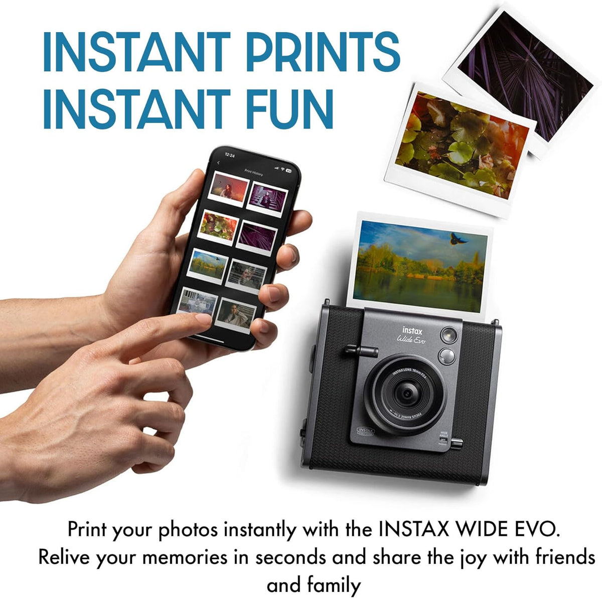 Appareil photo instantané hybride Fujifilm Instax Wide Evo doté de étui de transport compatible, carte mémoire 32 Go, chiffon de nettoyage et accessoires.