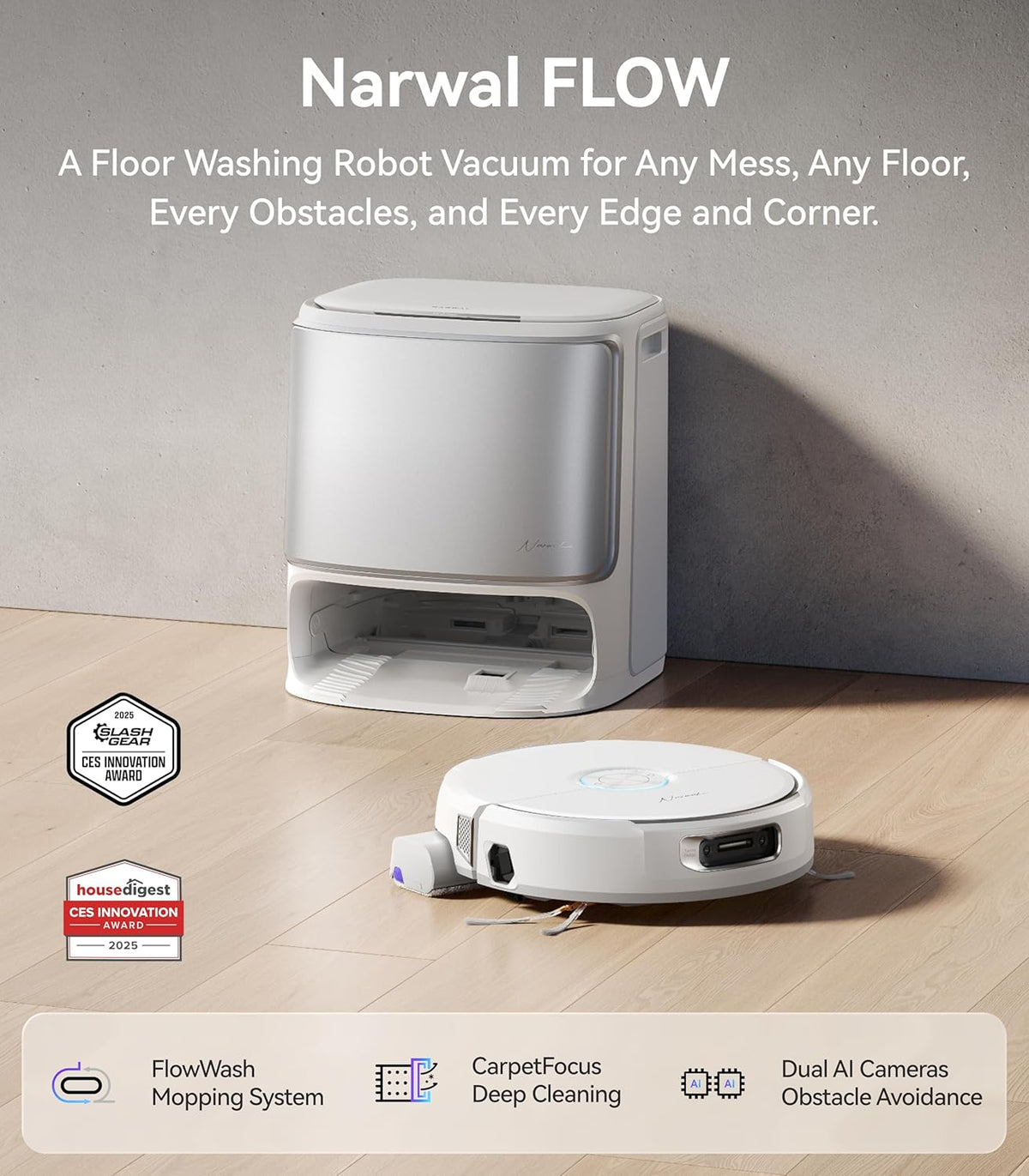 Aspirateur robot laveur NARWAL Flow, système de nettoyage automatique en temps réel FlowWash, aspiration de 22 000 Pa, détection d'obstacles par IA à double caméra, nettoyage des tapis et des bords, vidage automatique du bac.