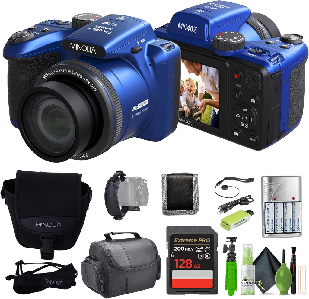 Appareil photo numérique MINOLTA MN40Z 20 mégapixels, zoom optique 40x, vidéo Full HD 1080p, bleu. Pack comprenant : carte mémoire 64 Go, trépied pour vlogging, 4 piles AA doté de chargeur et accessoires.