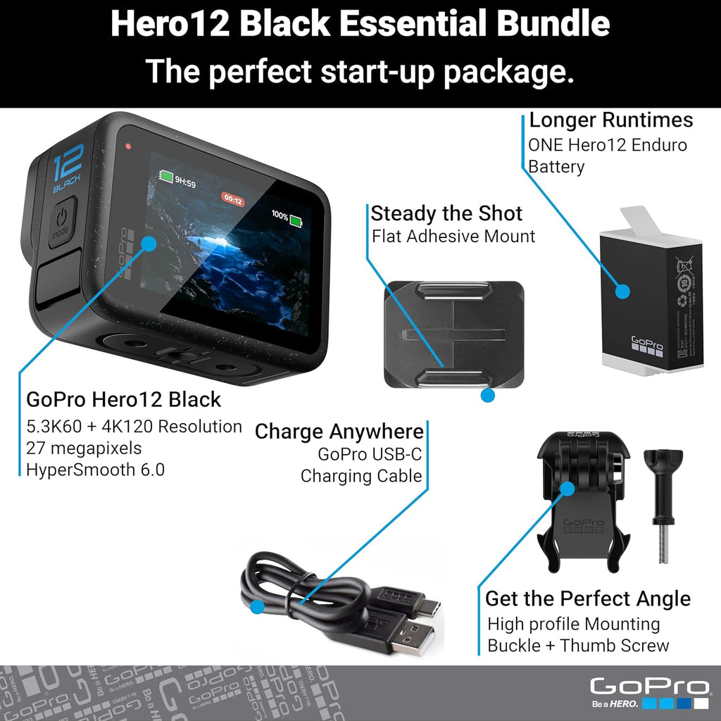 GoPro Hero12 Black - Pack e-commerce - Caméra sportive résistant à l’eau doté de vidéo Ultra HD 5,3K60, photos 27 MP, HDR, capteur d'image 1/1,9", streaming en direct, stabilisation webcam
