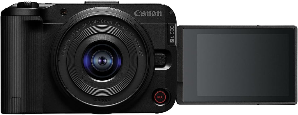 Appareil photo hybride Canon EOS R50 V doté de objectif RF-S 14-30 mm F4-6.3 IS STM PZ, capteur APS-C, 24,2 mégapixels, zoom ultra grand-angle, autofocus rapide, kit idéal pour le vlogging et le streaming en direct, noir.