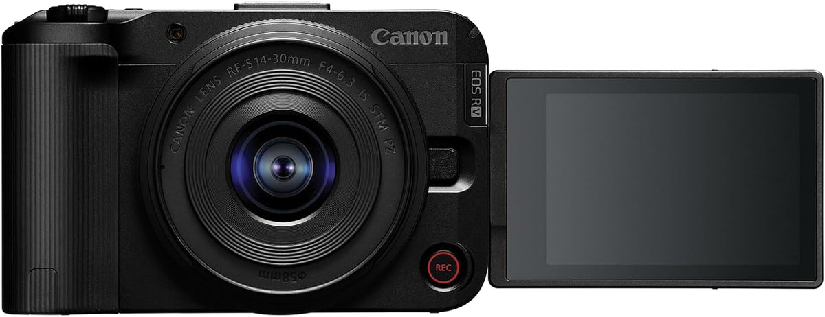 Appareil photo hybride Canon EOS R50 V doté de objectif RF-S 14-30 mm F4-6.3 IS STM PZ, capteur APS-C, 24,2 mégapixels, zoom ultra grand-angle, autofocus rapide, kit idéal pour le vlogging et le streaming en direct, noir.