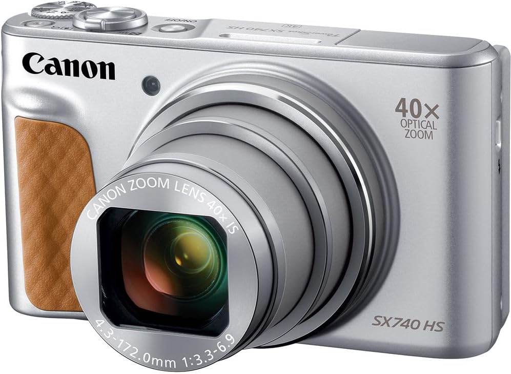 Appareil photo digital Canon PowerShot SX740 HS (argent) – 20,3 Mpx, grossissement optique 40x, vidéo 4K UHD, Wi-Fi et Bluetooth, compact et adapté aux déplacements (2956C001) + étui + carte de stockage 64 Go