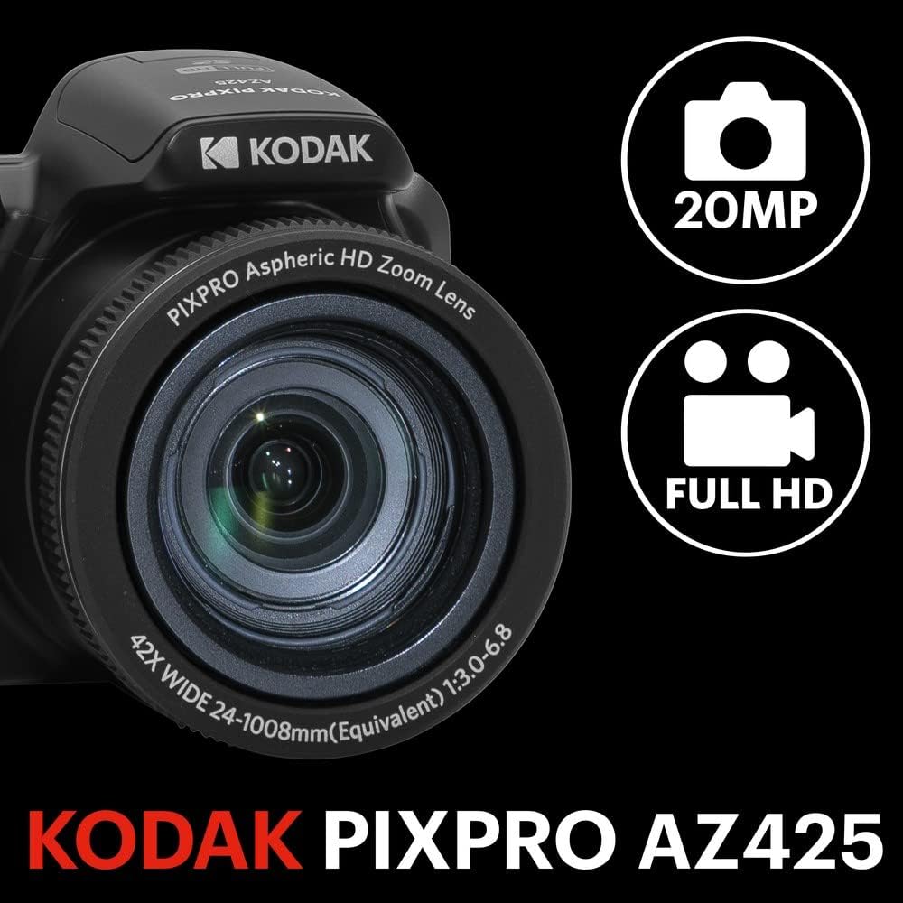 Appareil photo digital Kodak PIXPRO AZ425-BK 20 MP, zoom 42x, objectif à large champ 24 mm, stabilisation vidéo, vidéo Full HD 1080p, écran LCD 3 pouces, - Noir