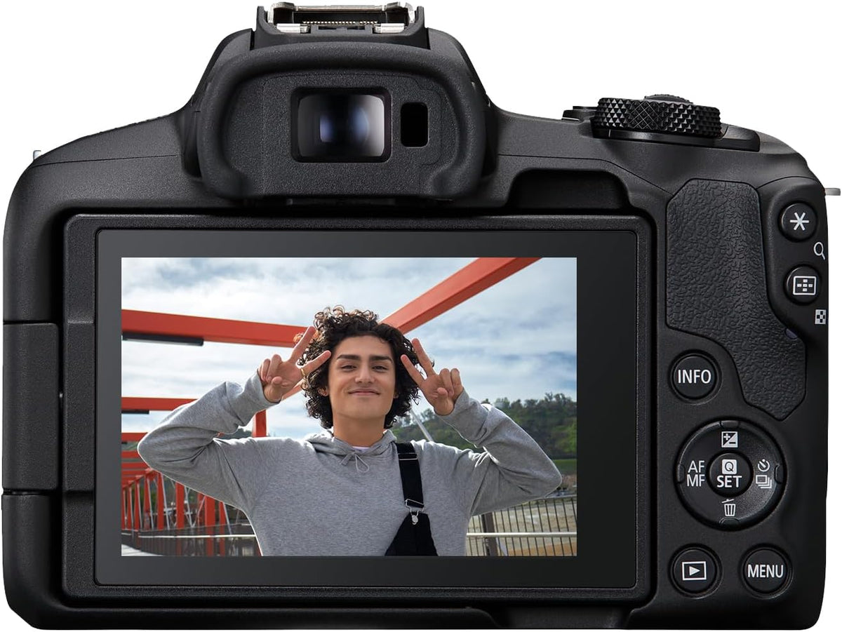 Appareil photo hybride Canon EOS R50, kit objectif RF-S 18-45 mm F4.5-6.3 IS STM, capteur CMOS 24,2 mégapixels (APS-C), vidéo 4K, monture RF, - Noir. Idéal pour la photo, la vidéo et le vlogging.