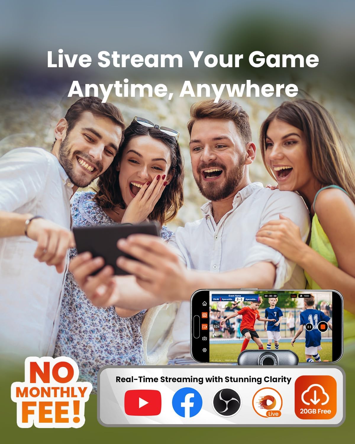 Caméra sportive sportive automatique XbotGo Chameleon AI - Caméra de suivi 4K 60 FPS pour le football et le basketball, adaptée à la streaming en direct des sports d'équipe. Sans abonnement. Compatible iOS et Android (Lava Graphite).