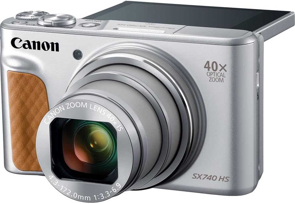 Appareil photo digital Canon PowerShot SX740 HS (argent) – 20,3 Mpx, grossissement optique 40x, vidéo 4K UHD, Wi-Fi et Bluetooth, compact et adapté aux déplacements (2956C001) + étui + carte de stockage 64 Go