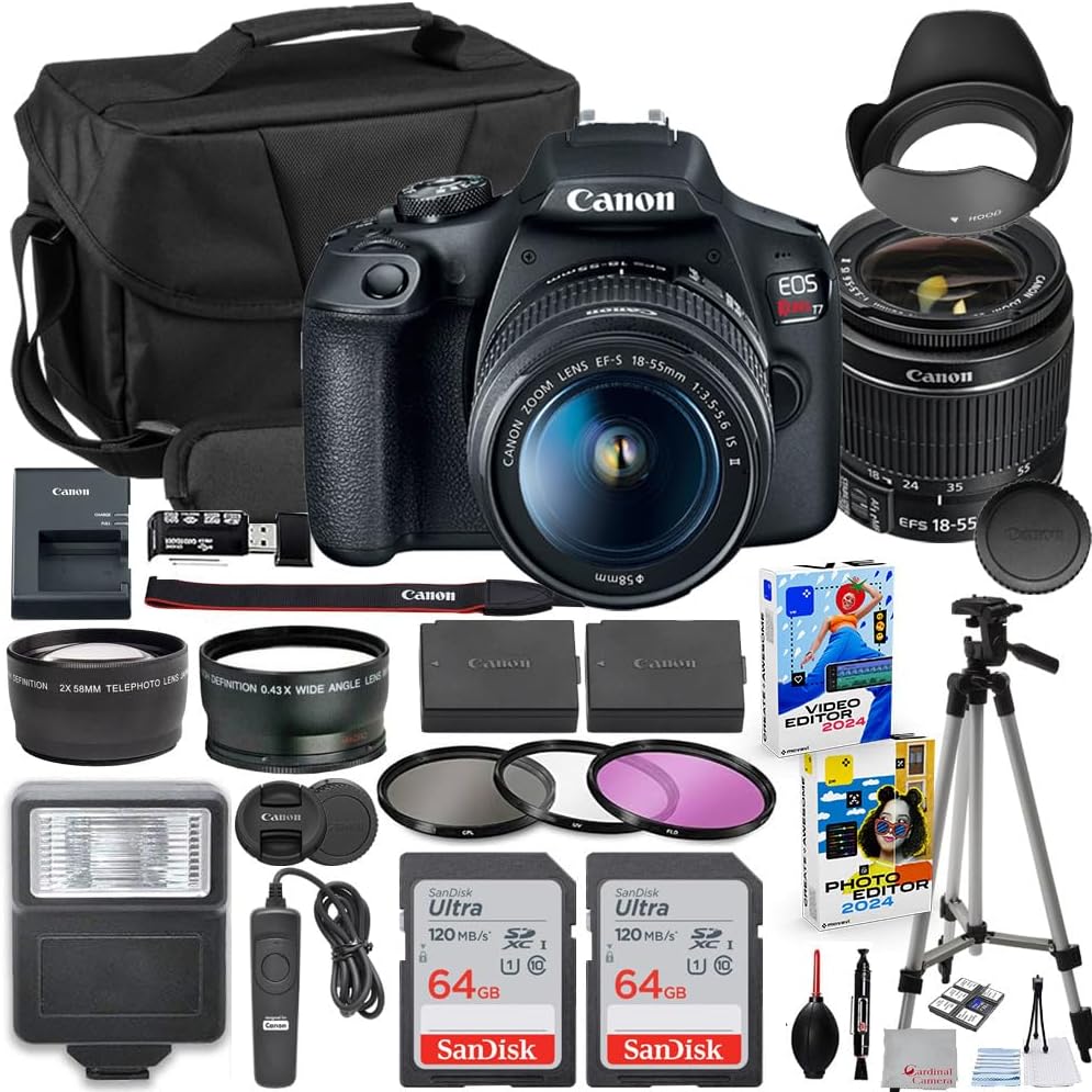 Appareil photo reflex numérique Canon EOS Rebel T7 avec objectif 18-55 mm, batterie Canon supplémentaire, 2 cartes mémoire 64 Go, kit d'accessoires comprenant sac, flash, télécommande, objectifs auxiliaires, logiciel et plus encore – Présentation