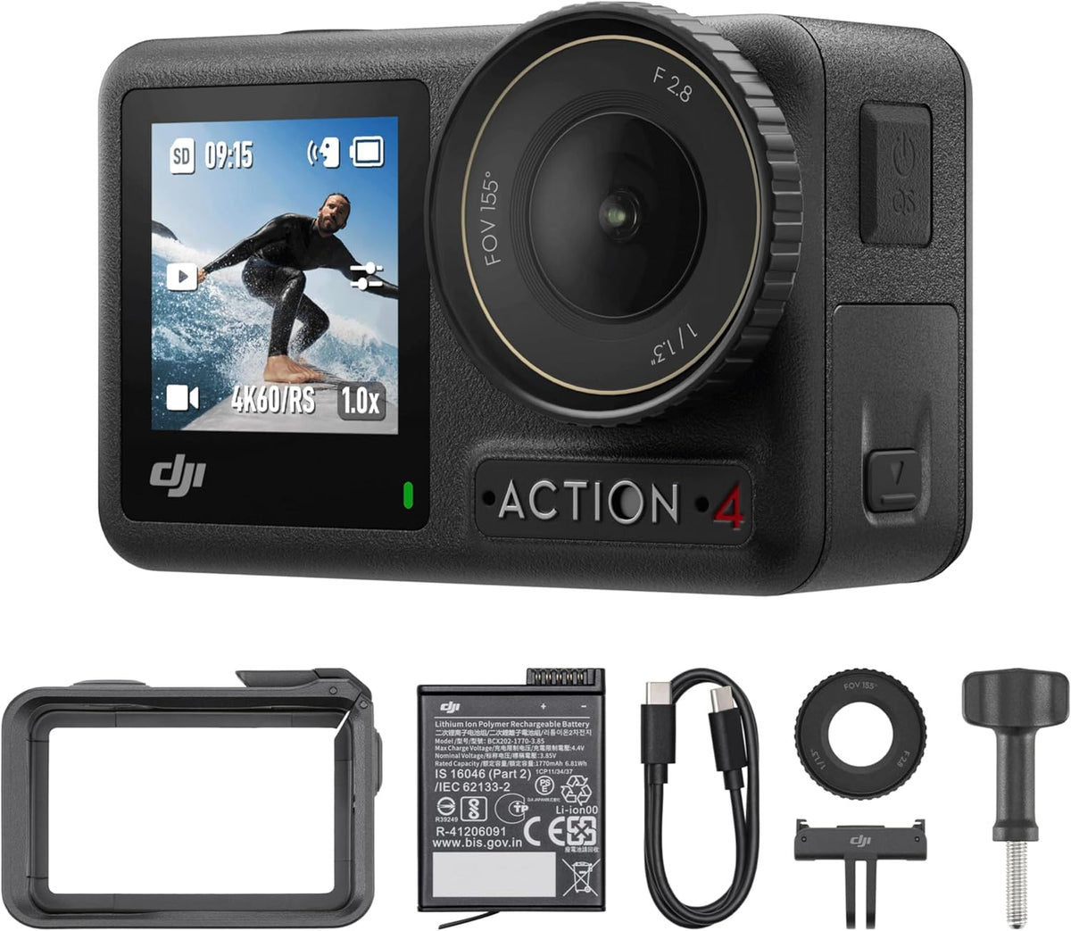 DJI Osmo Action 4 Essential Combo : Caméra d'action étanche 4K/120 ips doté de capteur 1/1,3 pouce, qualité d'image exceptionnelle en basse lumière, rendu des couleurs 10 bits et D-Log M, autonomie de 160 minutes en extérieur.