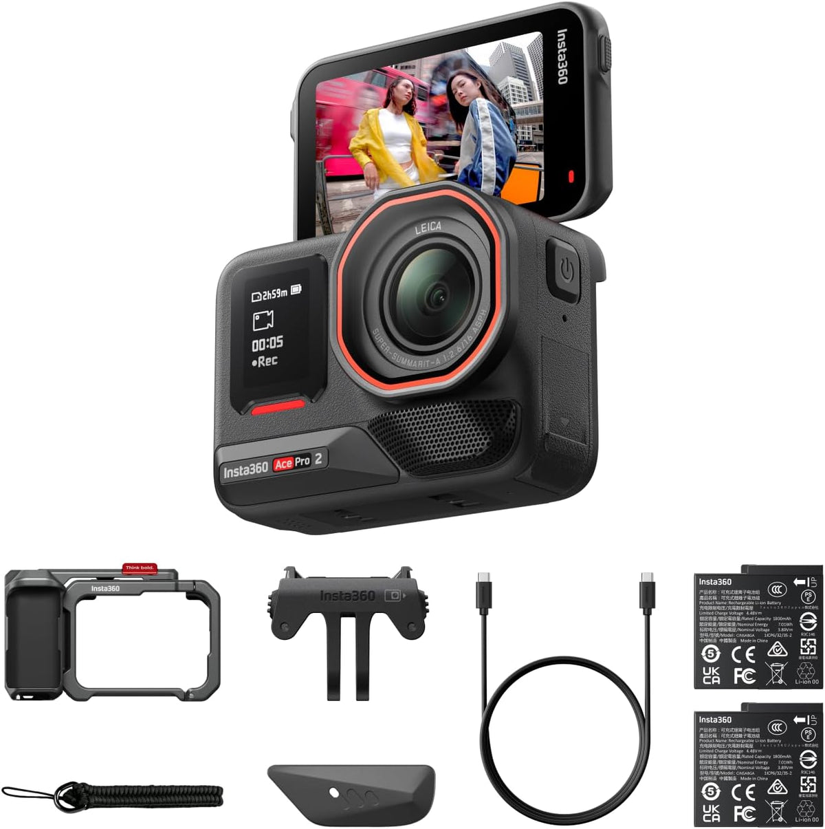 Kit Insta360 Ace Pro 2 Xplorer doté de double batterie - Caméra d'action étanche 8K, conçue en collaboration doté de Leica, capteur 1/1,3", double puce IA, performances exceptionnelles en basse lumière, son de qualité supérieure