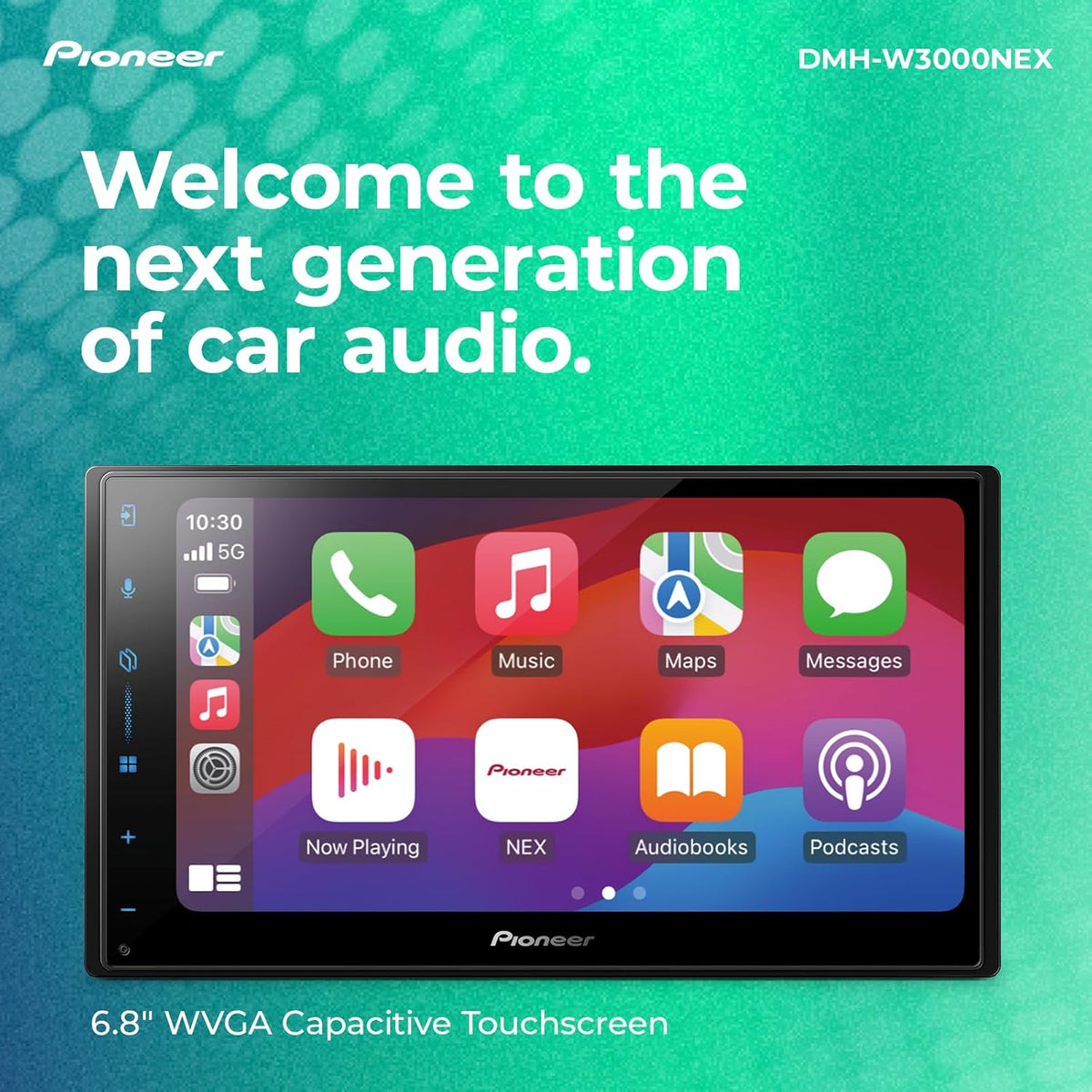 Autoradio multimédia numérique Pioneer DMH-W3000NEX 6,8" double DIN doté de Apple CarPlay et Android Auto sans fil, Bluetooth, compatible caméra de recul, affichage tactile et navigation intuitive.