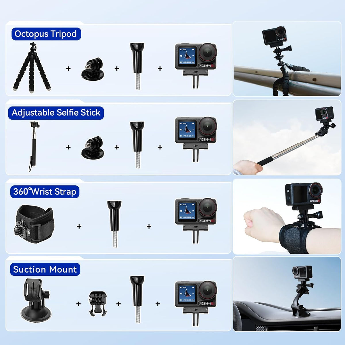 DJI Osmo Action 5 Pro - Kit Standard avec kit de 58 accessoires, 2 batteries supplémentaires et carte de stockage 64 Go - Caméra sportive résistant à l’eau avec capteur 1/1,3", vidéo 4K/120 ips, adaptée à le sport