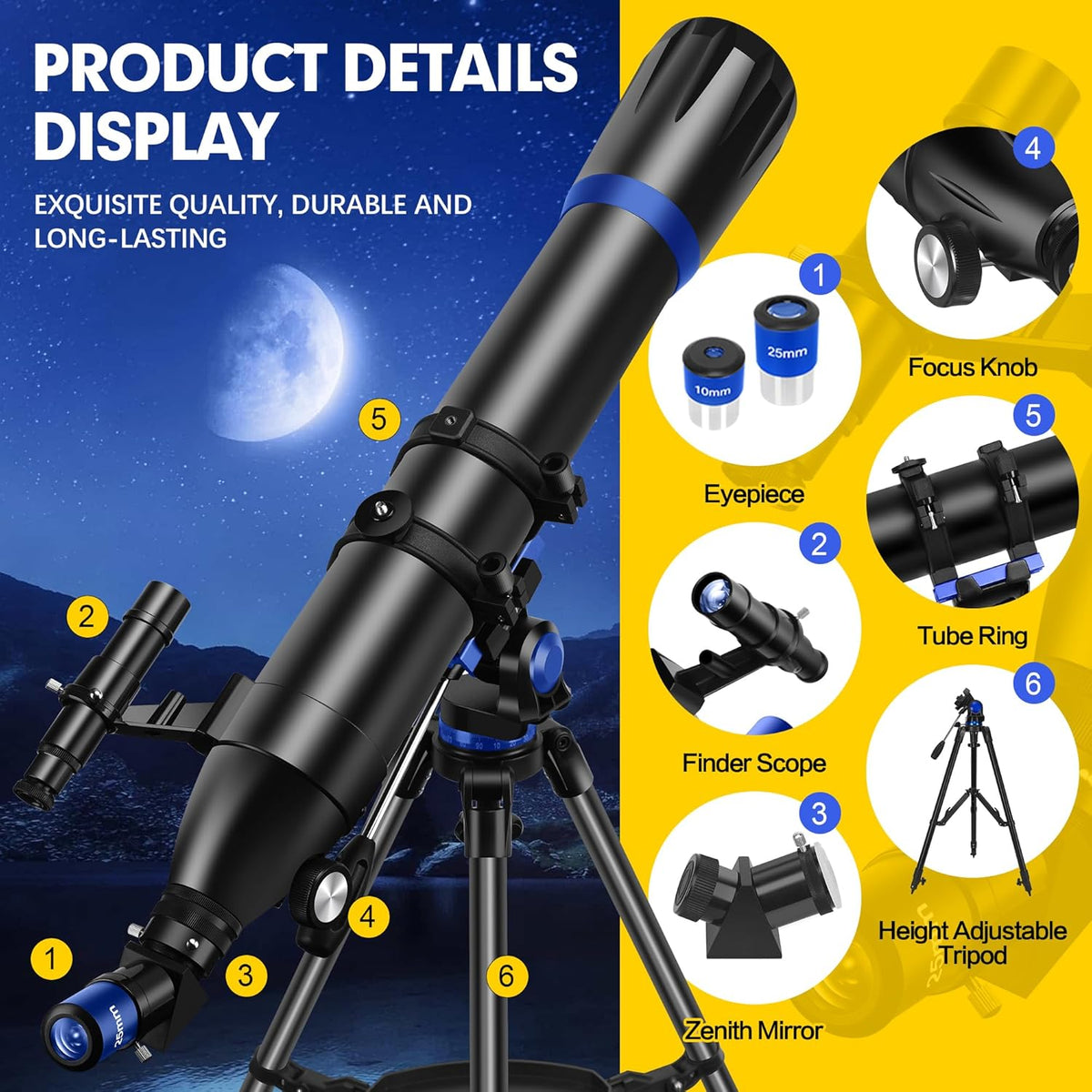 Lunette/télescope 90 mm d'ouverture, focale de 800 mm - Lunette/télescope réfracteur professionnel pour adultes et enfants, haute puissance, simple à prendre en main pour les utilisateurs novices, adaptateur pour téléphone