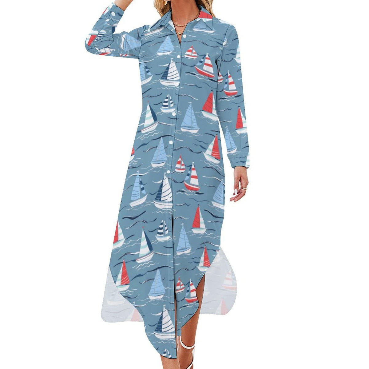 Robe-chemise fantaisie pour femme Ocean Boats, manches longues, fendue, fermeture boutonnée