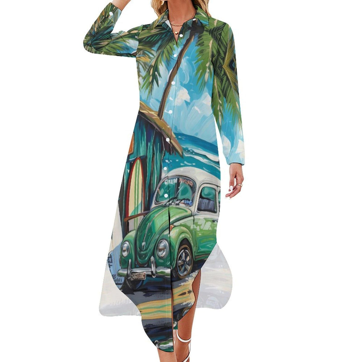 Robe-chemise maxi fendue à manches longues, style plage, voiture de surf et palmier, à boutons.