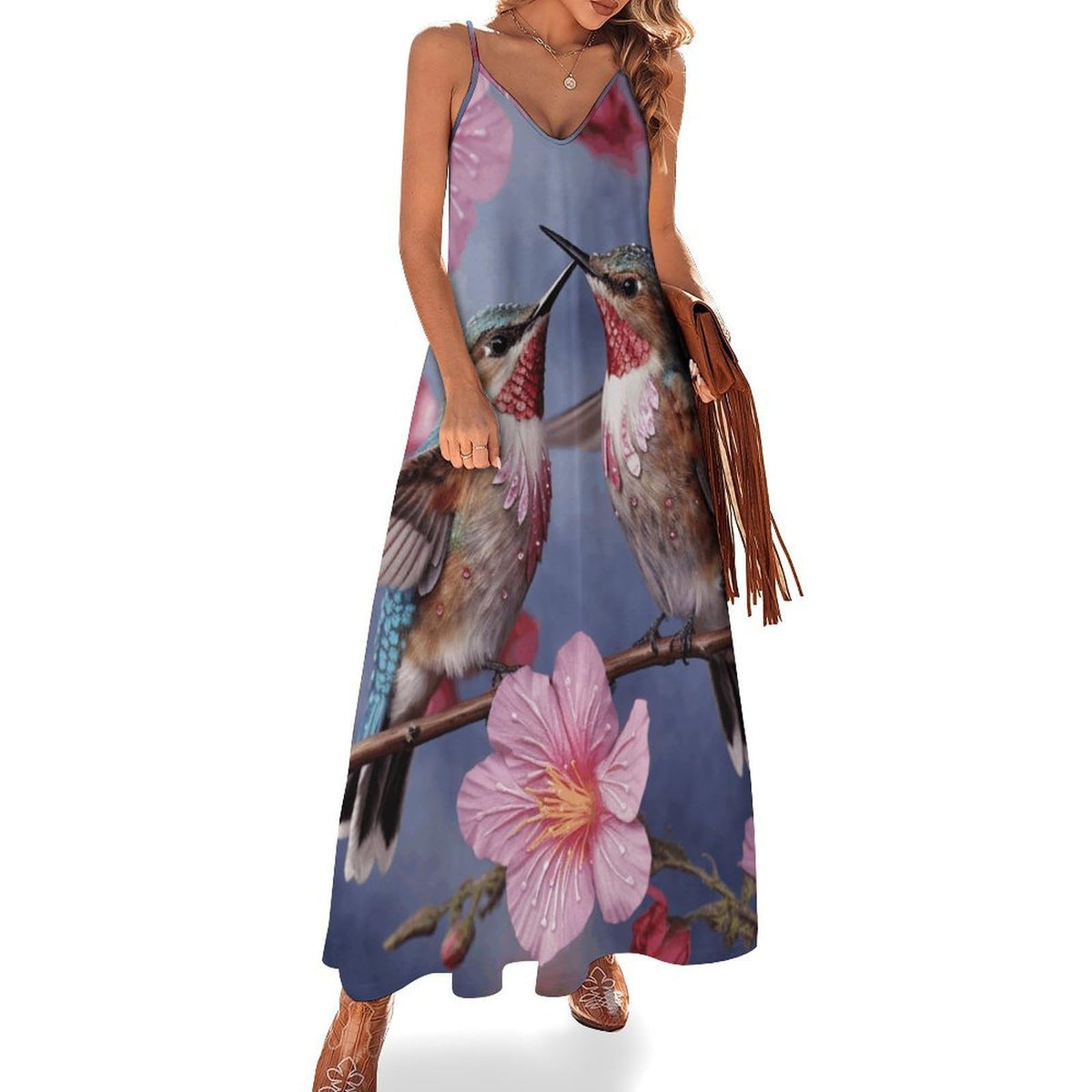 Robe longue maxi rose à motifs de colibris pour femme, style décontracté, fluide, idéale pour l'été, les cérémonies et les invitations de mariage.
