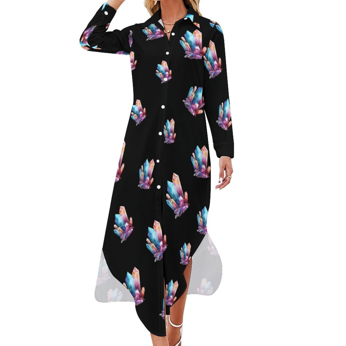 Robe-chemise fantaisie à cristaux colorés pour femme, boutonnée, manches longues, fendue, maxi
