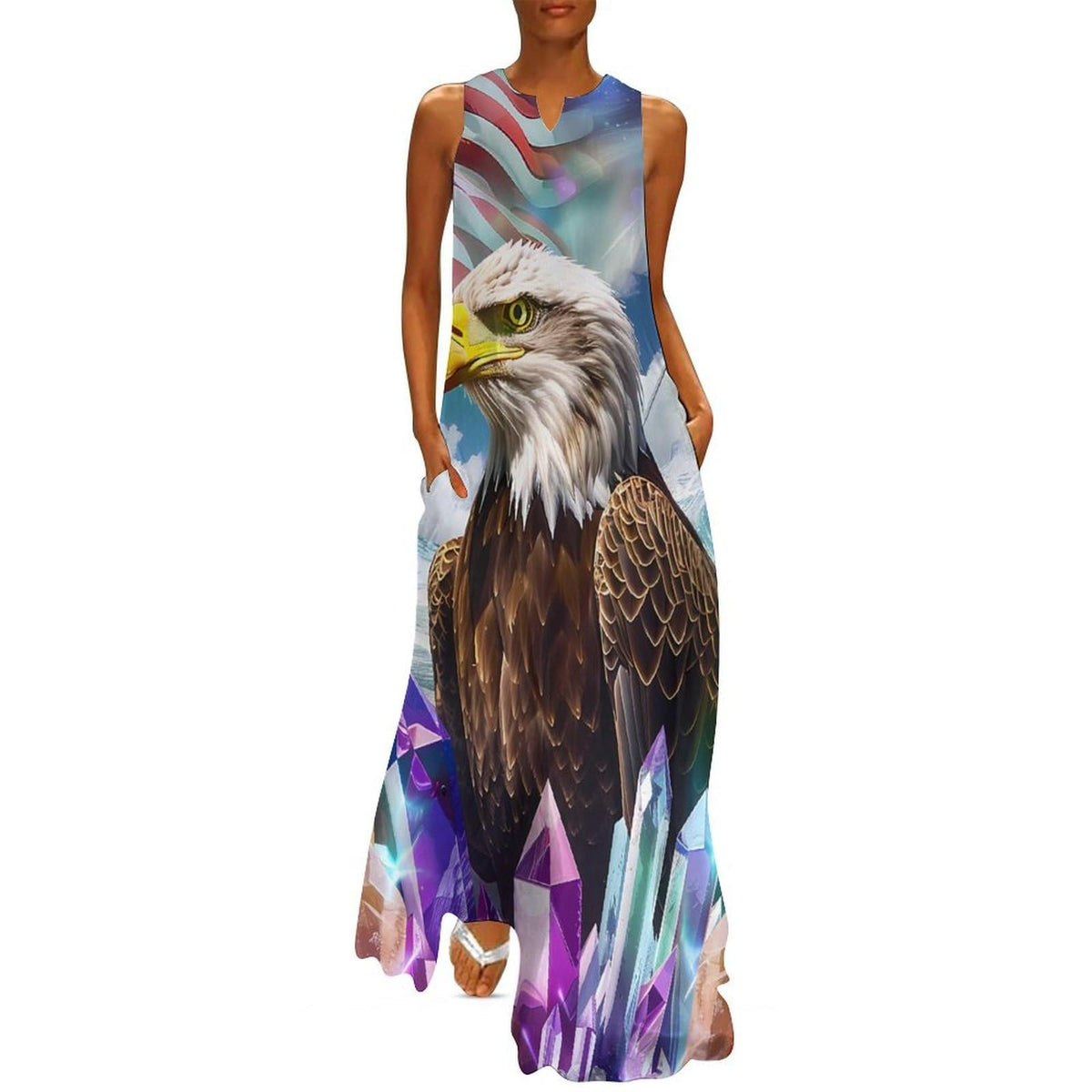 Robe longue maxi maxi sans manches pour femme, ornée d'un aigle et du drapeau américain en losanges, col en V, coupe ample, avec poches.