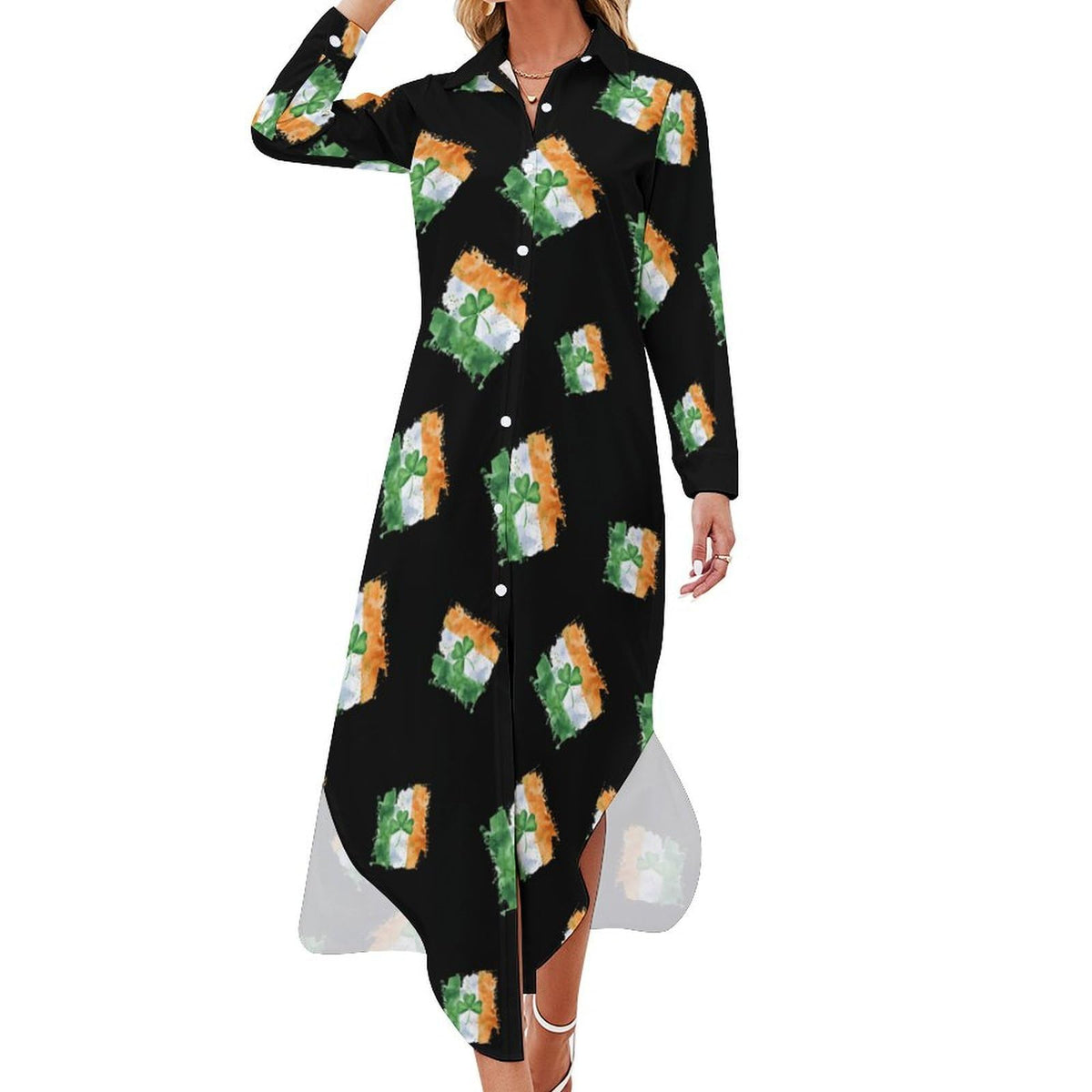 Robe-chemise fantaisie pour femme avec drapeau irlandais, boutonnée, manches longues et fente.