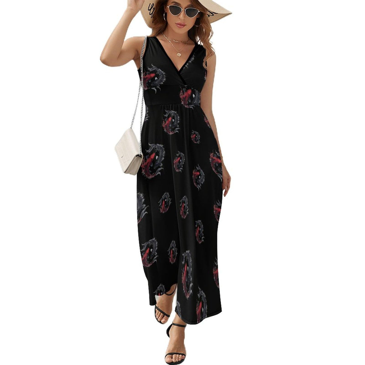 Robe longue sans manches à imprimé poissons yin et yang japonais pour femme, col en V, style décontracté.