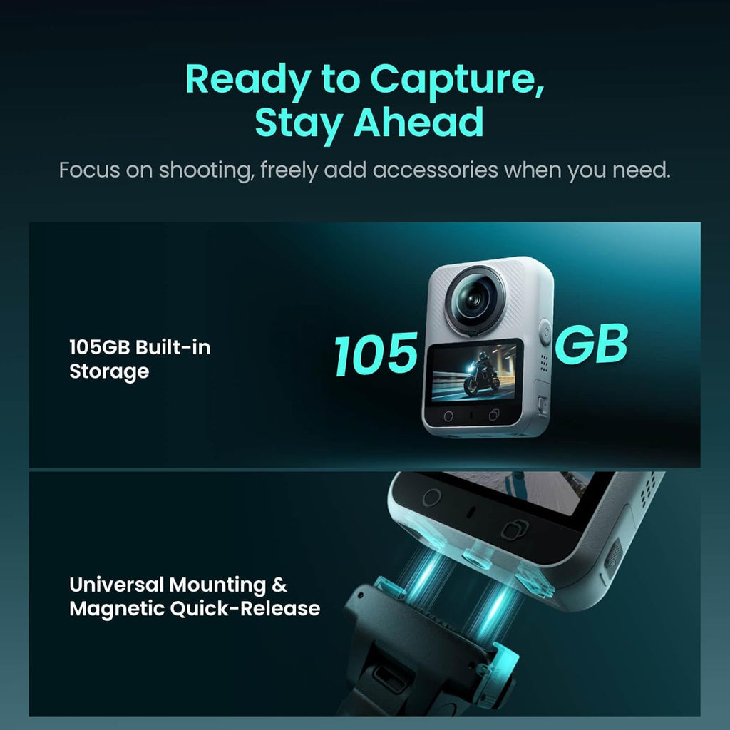 Caméra Xtra 360 : vidéo panoramique 8K, capteur équivalent 1 pouce, haute résolution 100 MP, résistant à l’eau, 105 Go de stockage intégré, Bullet Time, large compatibilité, vlog.