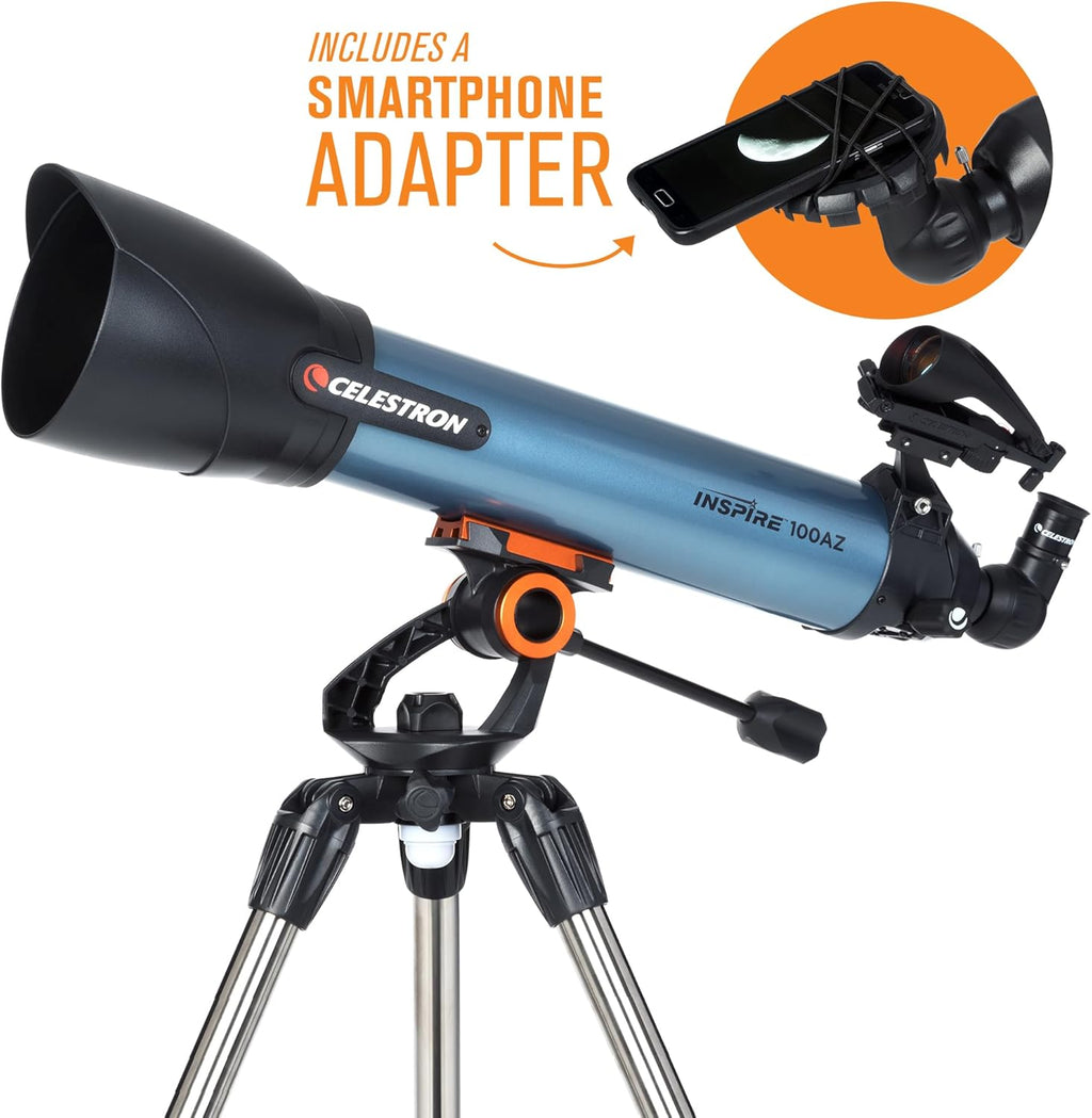 Lunette/télescope réfracteur Celestron Inspire 100AZ avec adaptateur pour smartphone intégré (bleu)