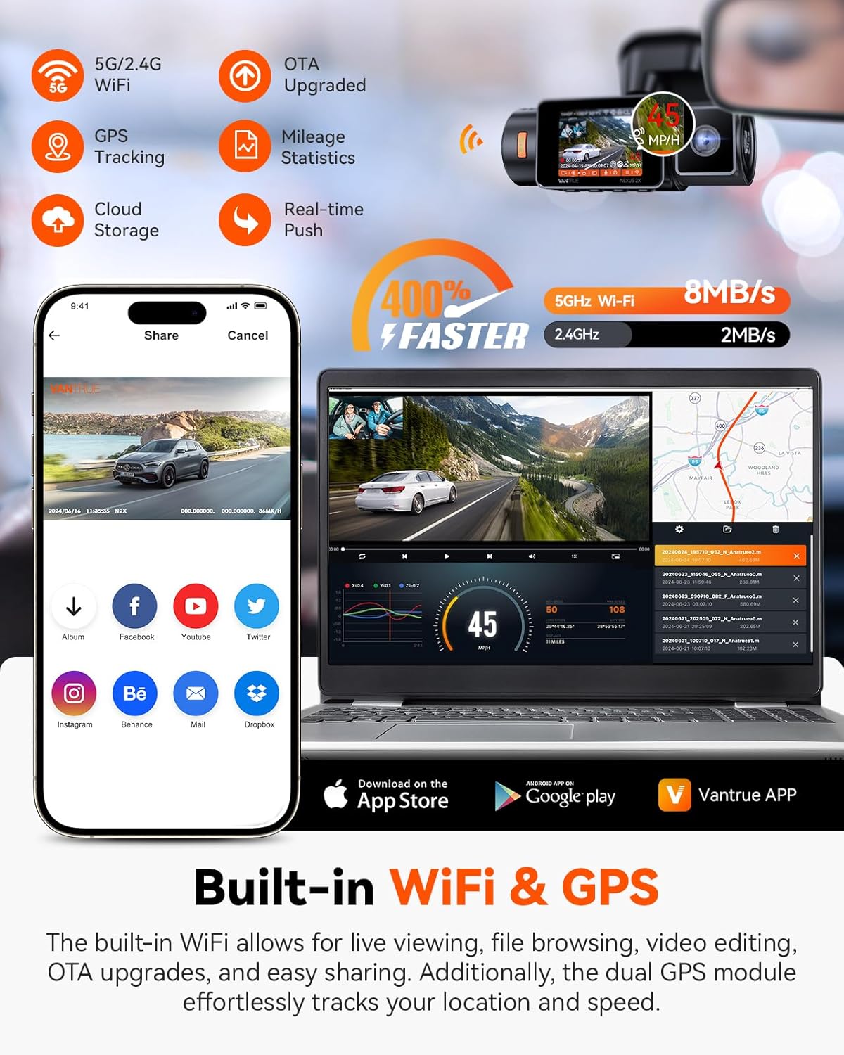 Caméra embarquée Vantrue N2X 2.7K (avant et intérieur) avec double caméra WiFi 5G, vision nocturne infra– Rouge HDR, STARVIS 2, GPS, enregistrement vidéo 2.5K/60 ips, capteur G, mode parking 24h/24 et 7j/7, commande vocale