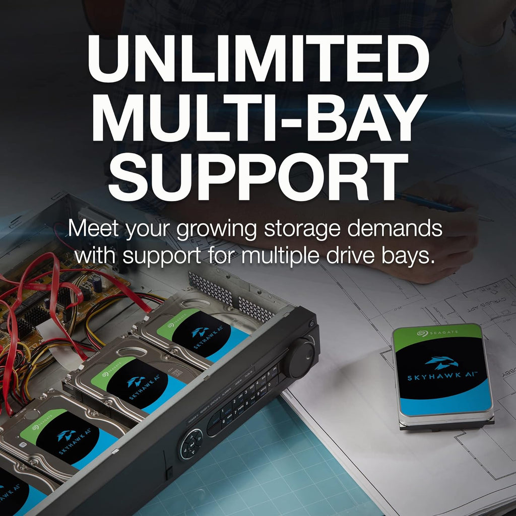 Disque dur interne vidéo Seagate Skyhawk AI 8 To – 3,5 pouces SATA 6 Gb/s 256 Mo de cache pour système de caméra de sécurité DVR/NVR avec services de dépannage internes (ST8000VEZ01) – Présentation